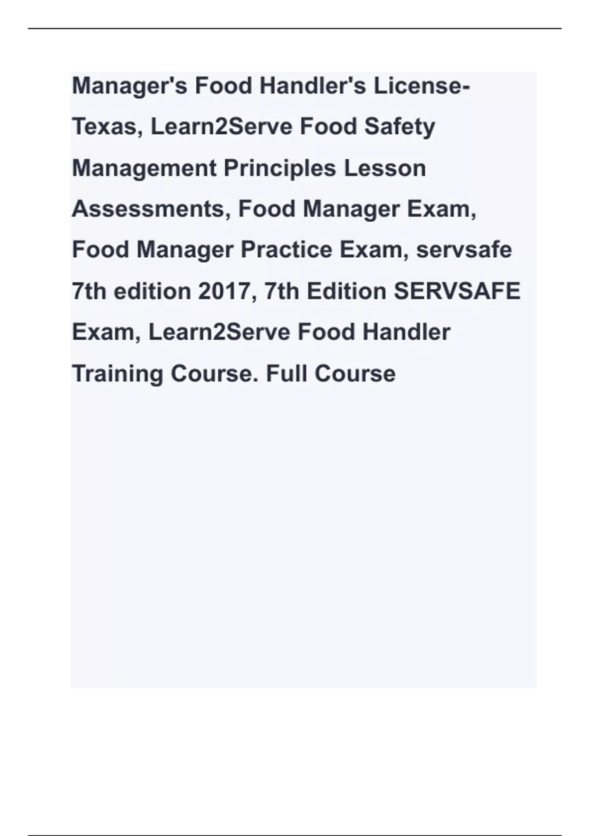 Manager's Food Handler's License Texas, Learn2Serve Food Safety