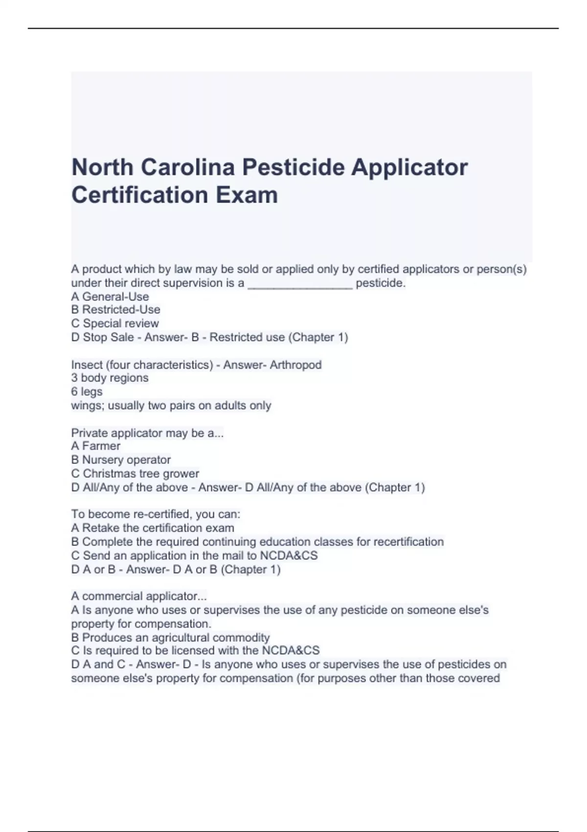 North Carolina Pesticide Applicator Certification Exam 2024 Questions