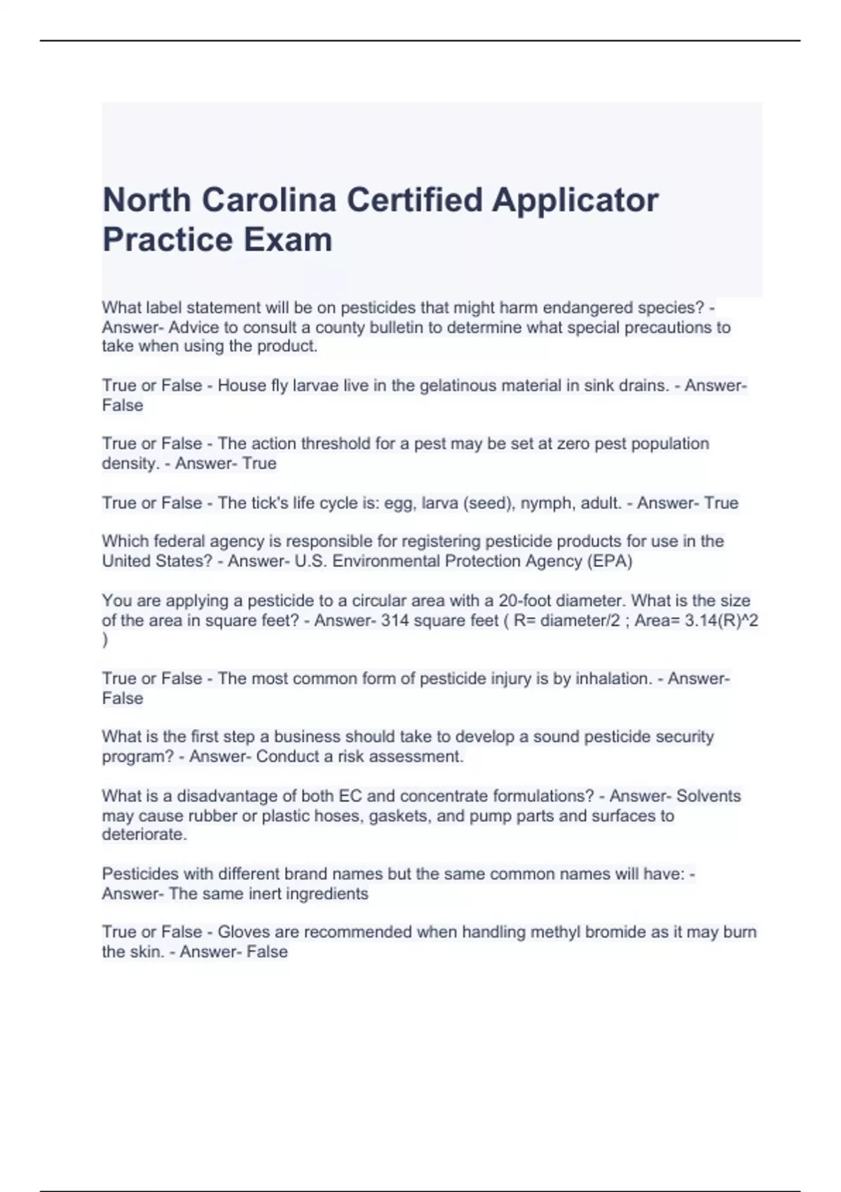 North Carolina Certified Applicator Practice Exam 2024 Questions with correct Answers NC