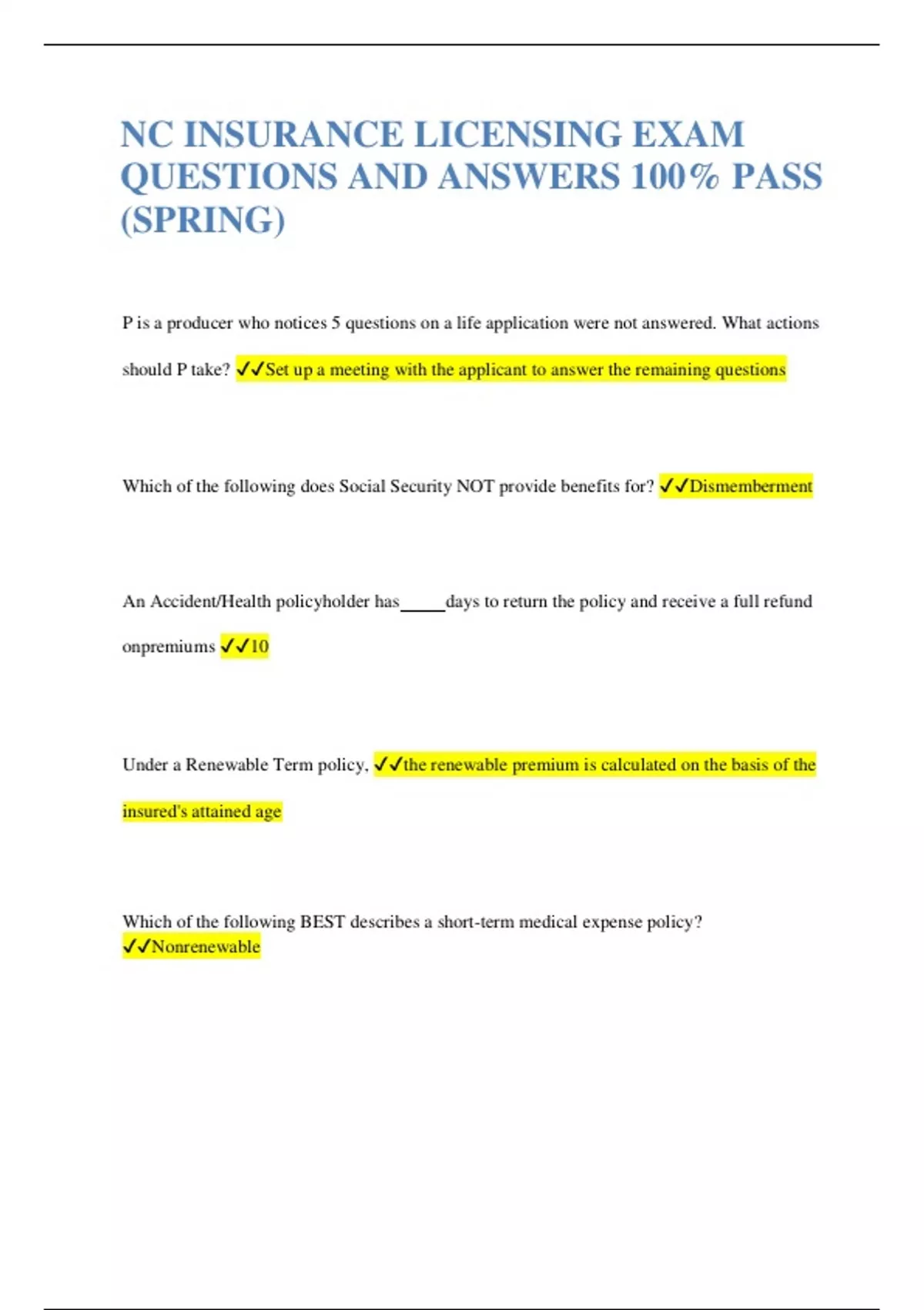 NC INSURANCE LICENSING EXAM QUESTIONS AND ANSWERS 100 PASS (SPRING
