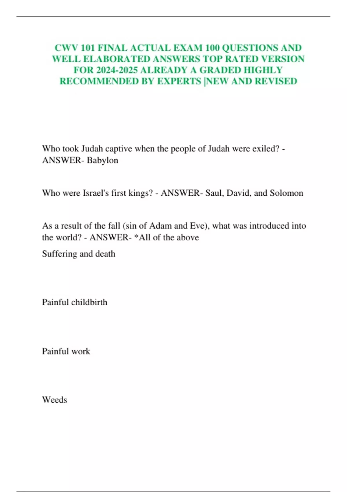 CWV 101 FINAL ACTUAL EXAM 100 QUESTIONS AND WELL ELABORATED ANSWERS TOP ...