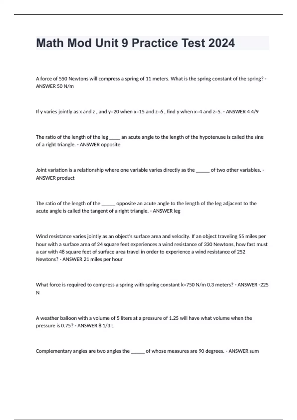 Math Mod Unit 9 Practice Test 2024 - MATH 225 - Stuvia US
