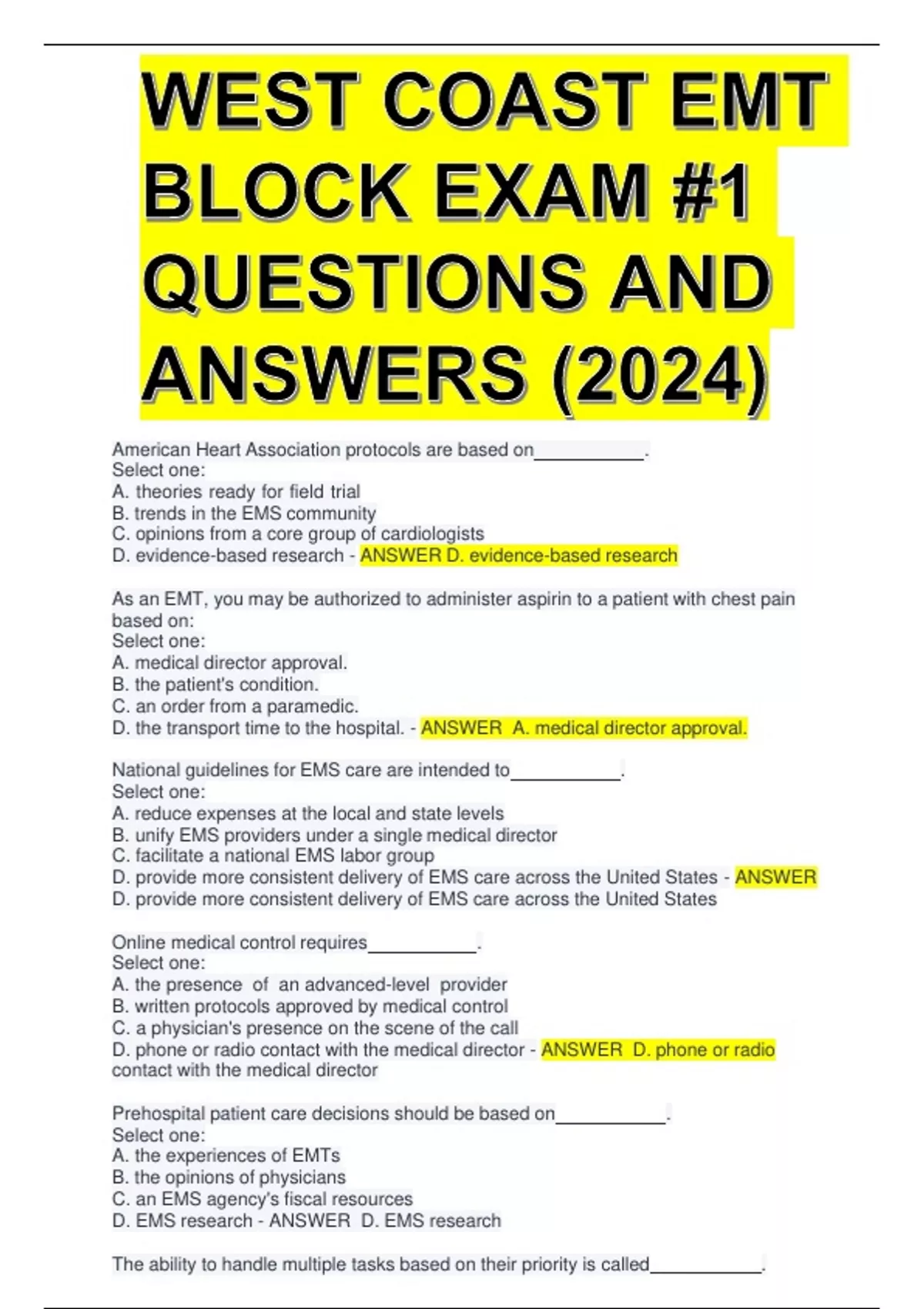 WEST COAST EMT BLOCK EXAM #1 QUESTIONS AND ANSWERS (2024) - West coast Emt - Stuvia US
