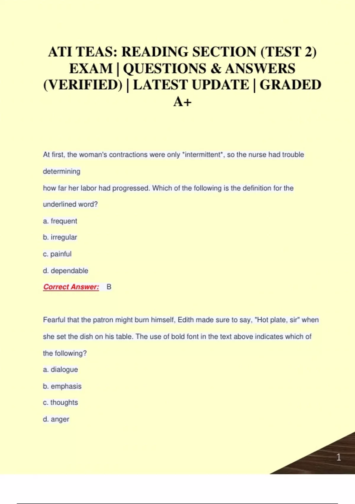 ATI TEAS: READING SECTION (TEST 2) EXAM | QUESTIONS & ANSWERS (VERIFIED ...