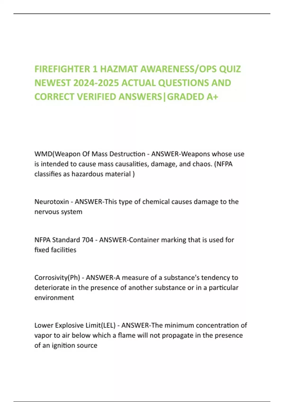 FIREFIGHTER 1 HAZMAT AWARENESS/OPS QUIZ NEWEST ACTUAL QUESTIONS AND