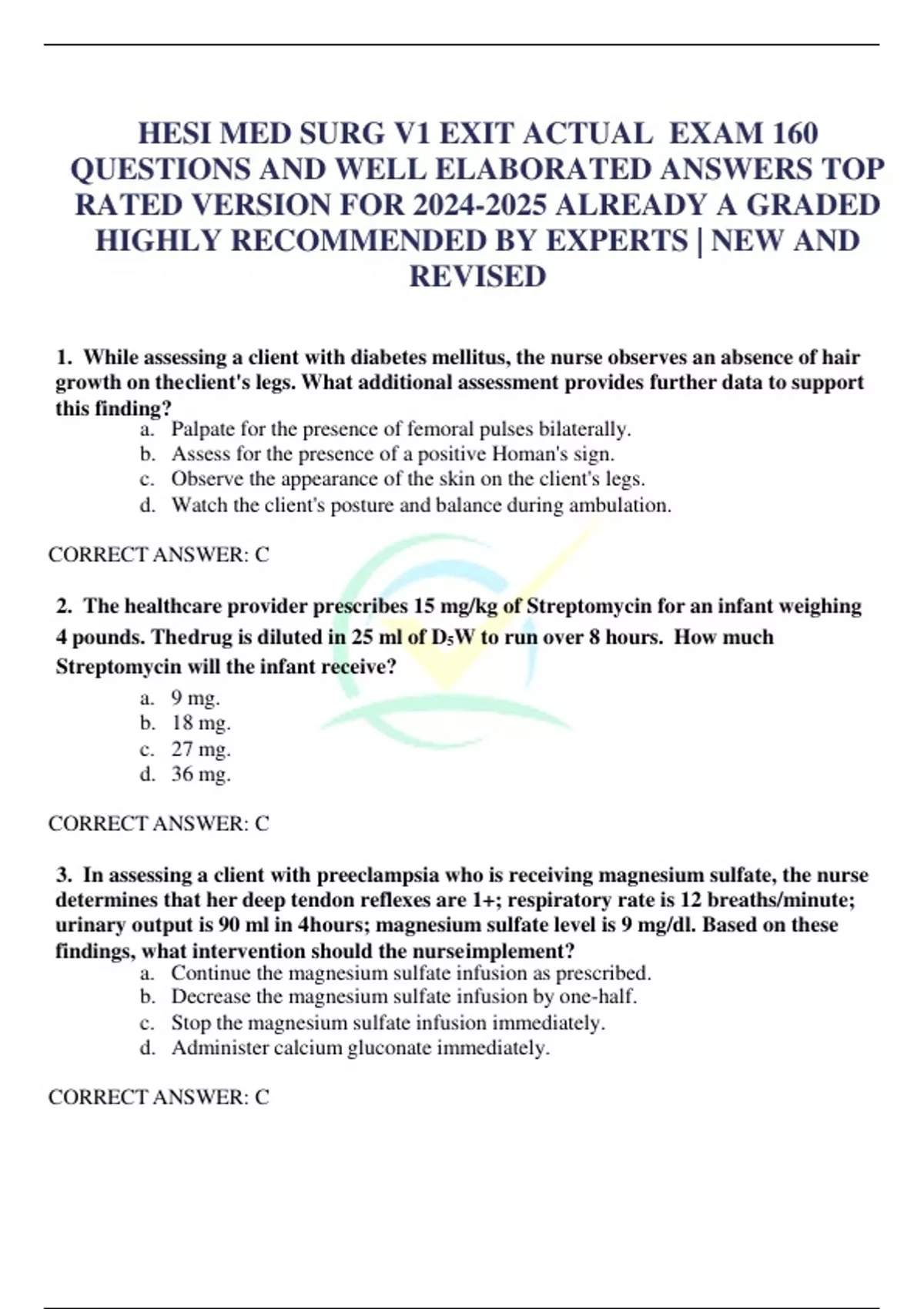 HESI MED SURG V1 EXIT ACTUAL EXAM 160 QUESTIONS AND WELL ELABORATED ...
