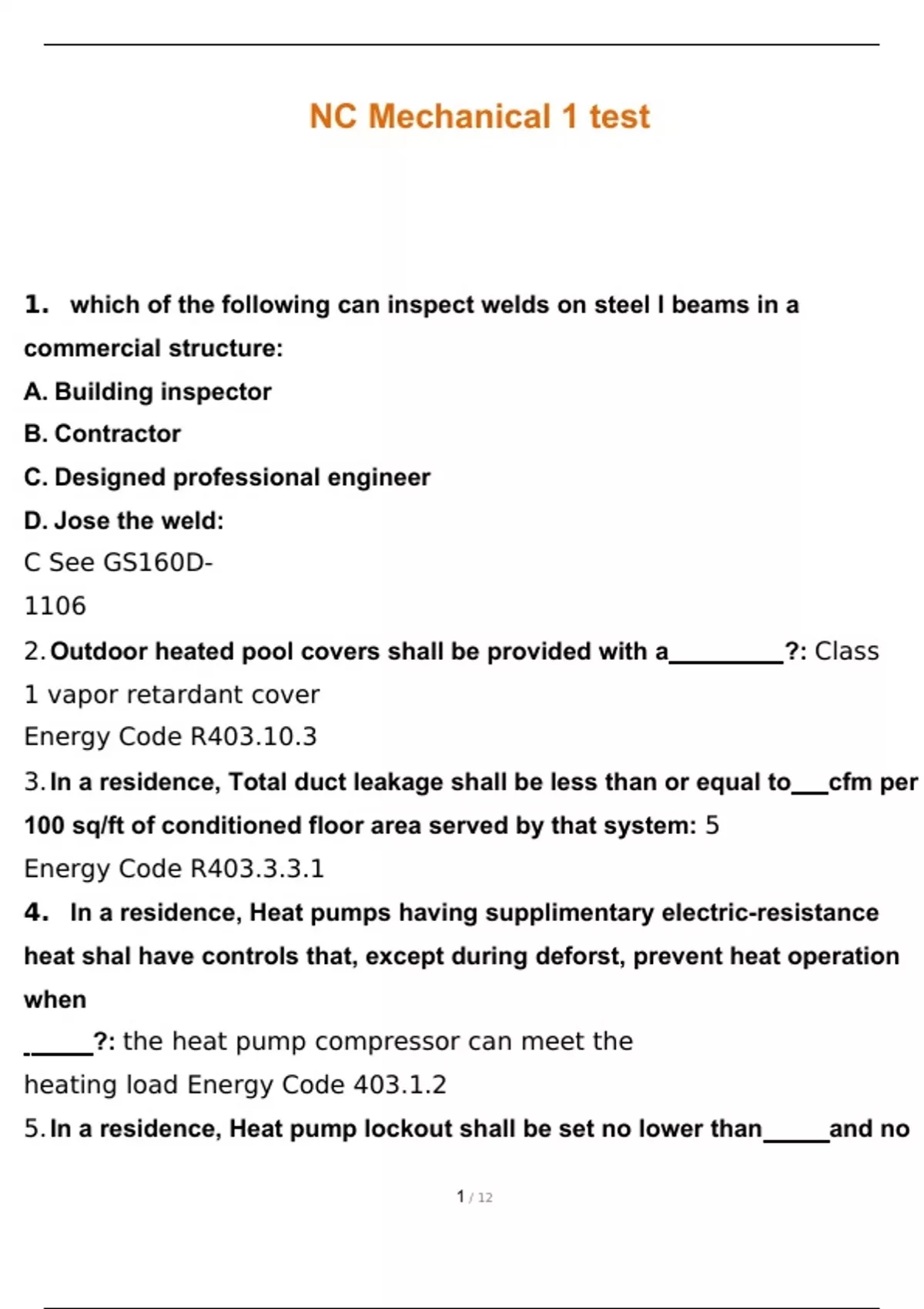 NC Mechanical 1 Level 1 Test | QUESTIONS AND ANSWERS | - NC Mechanical ...