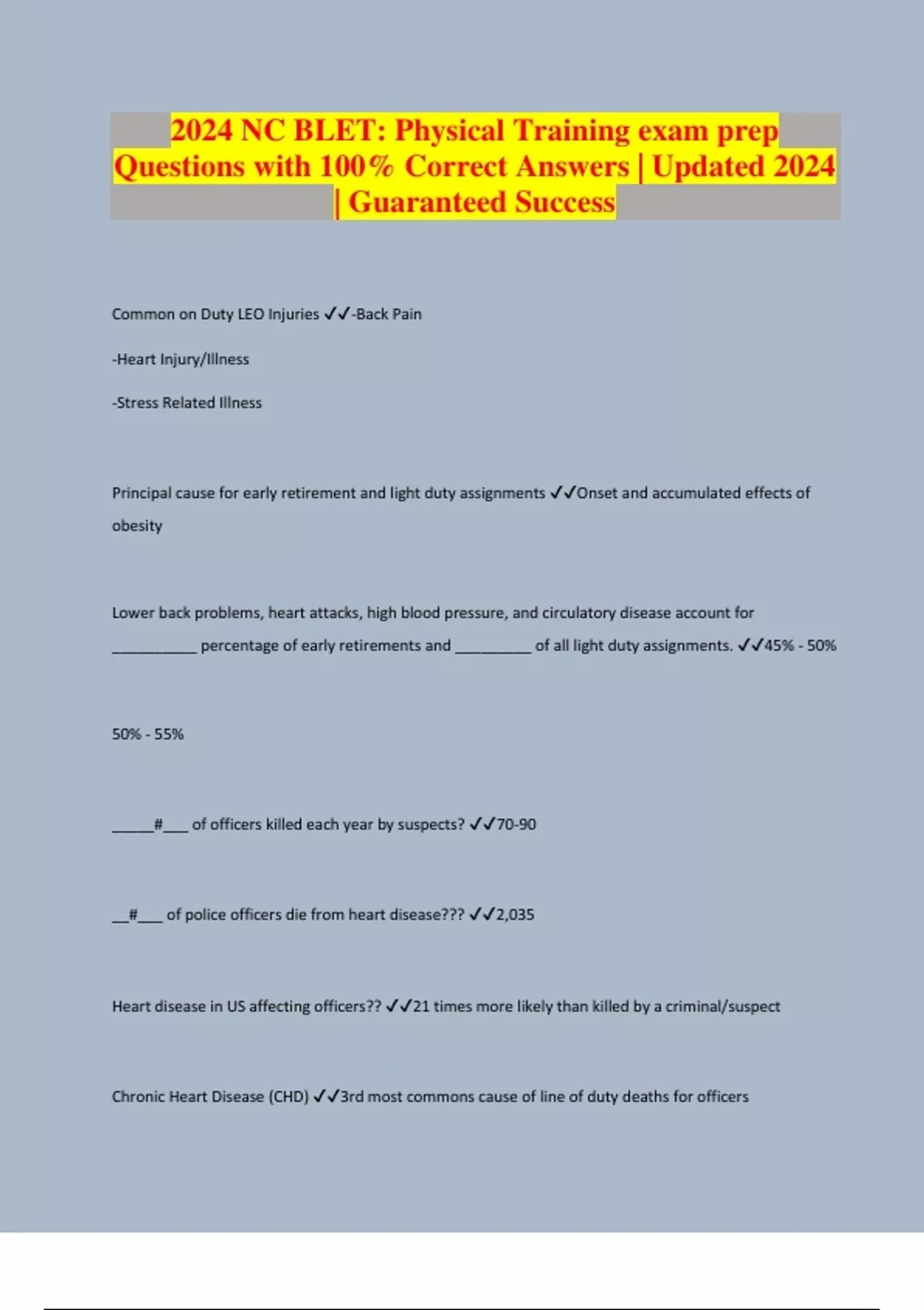 2024 NC BLET: Physical Training exam prep Questions with 100% Correct ...