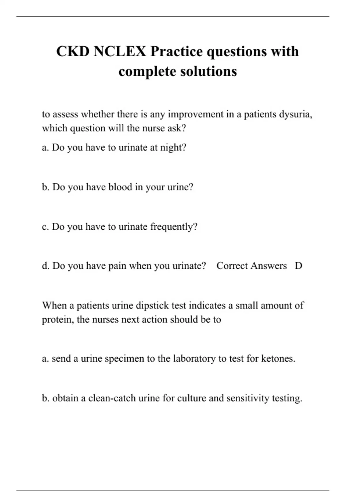 CKD NCLEX Practice questions with complete solutions - CKD NCLEX ...