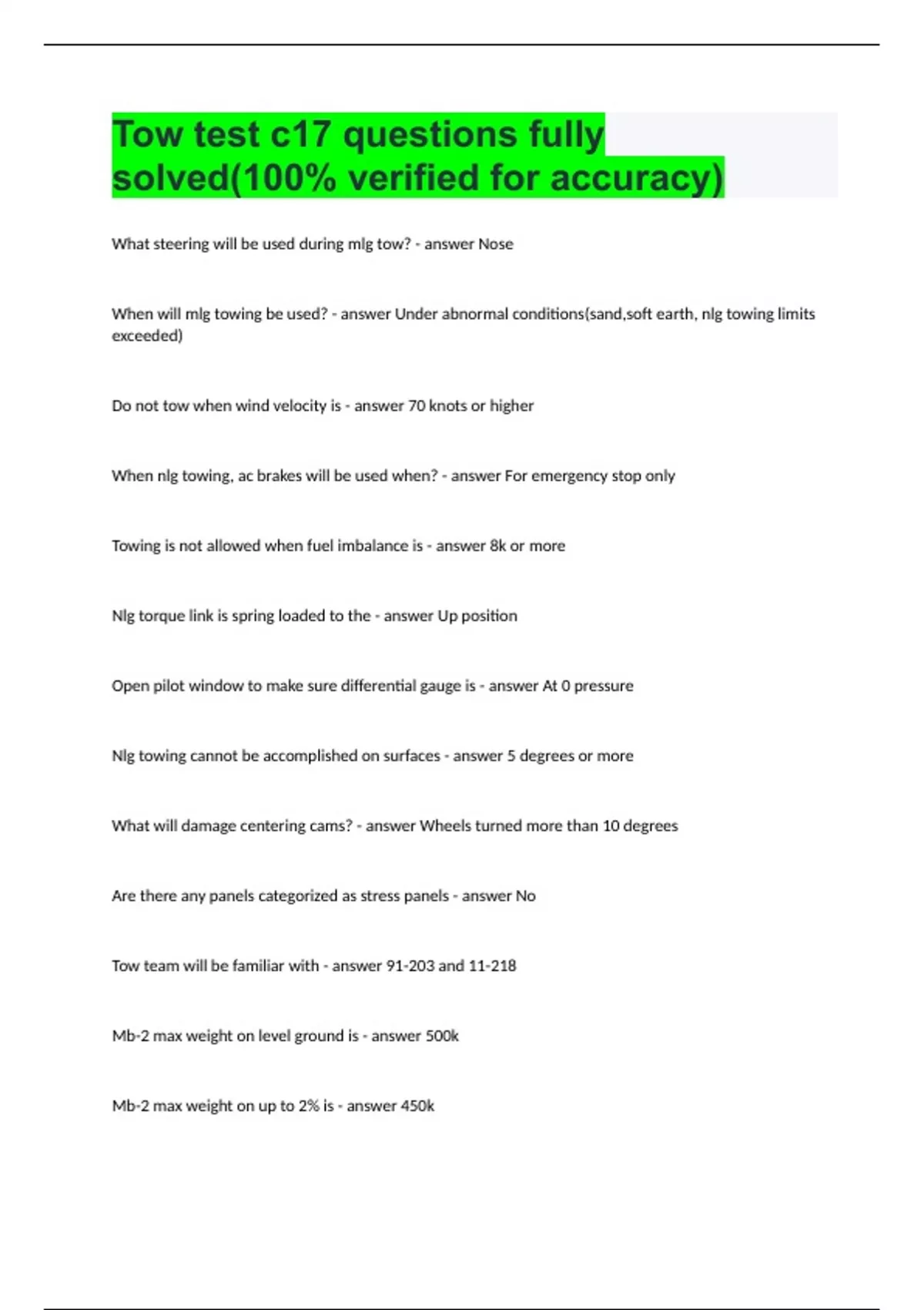 Tow test c17 questions fully solved(100% verified for accuracy) - Tow ...