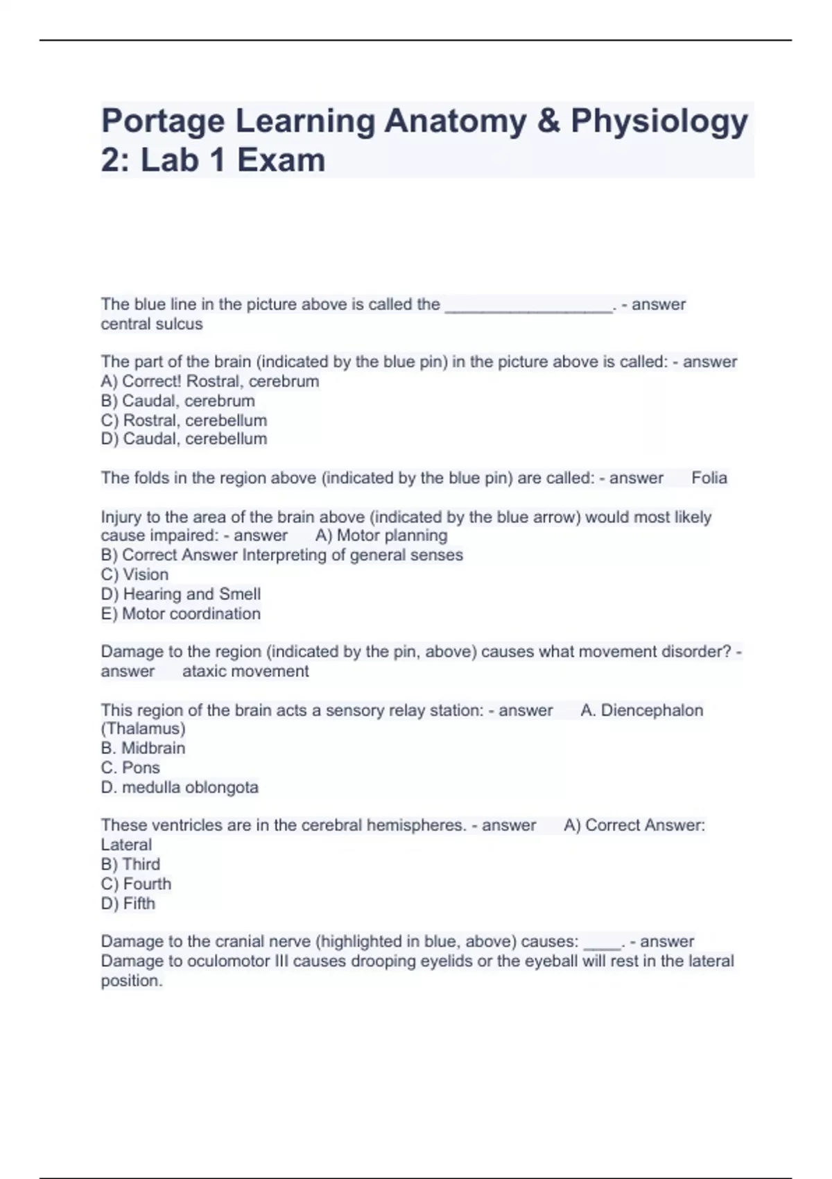 Portage Learning Anatomy & Physiology 2. Lab 1 Exam Questions and ...