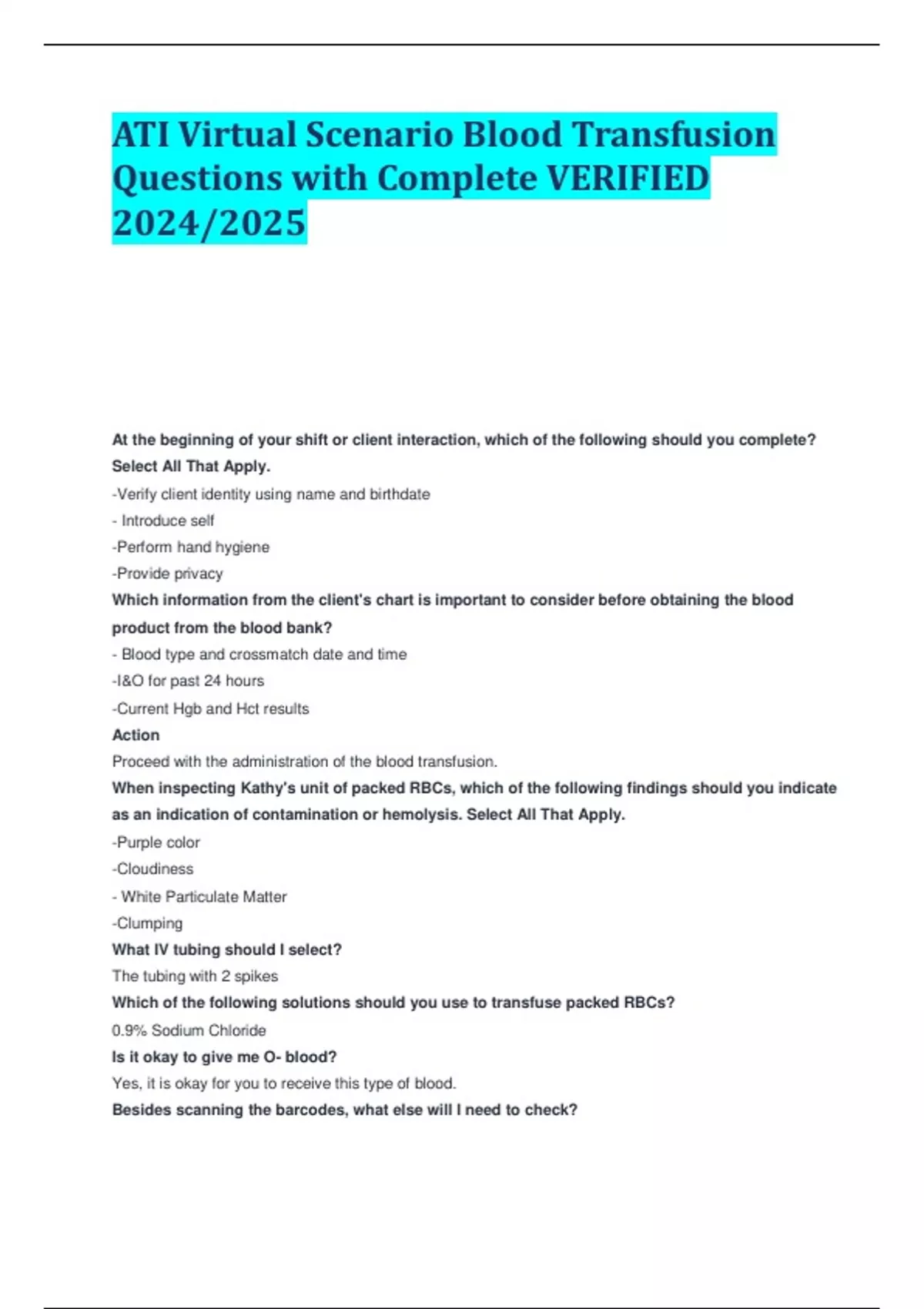 ATI Virtual Scenario Blood Transfusion Questions with Complete VERIFIED