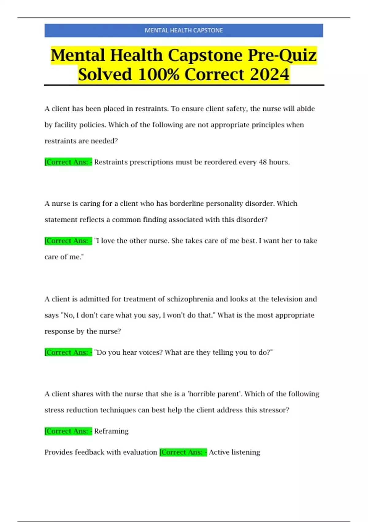 Mental Health Capstone Pre-Quiz Solved 100% Correct 2024 - Mental ...
