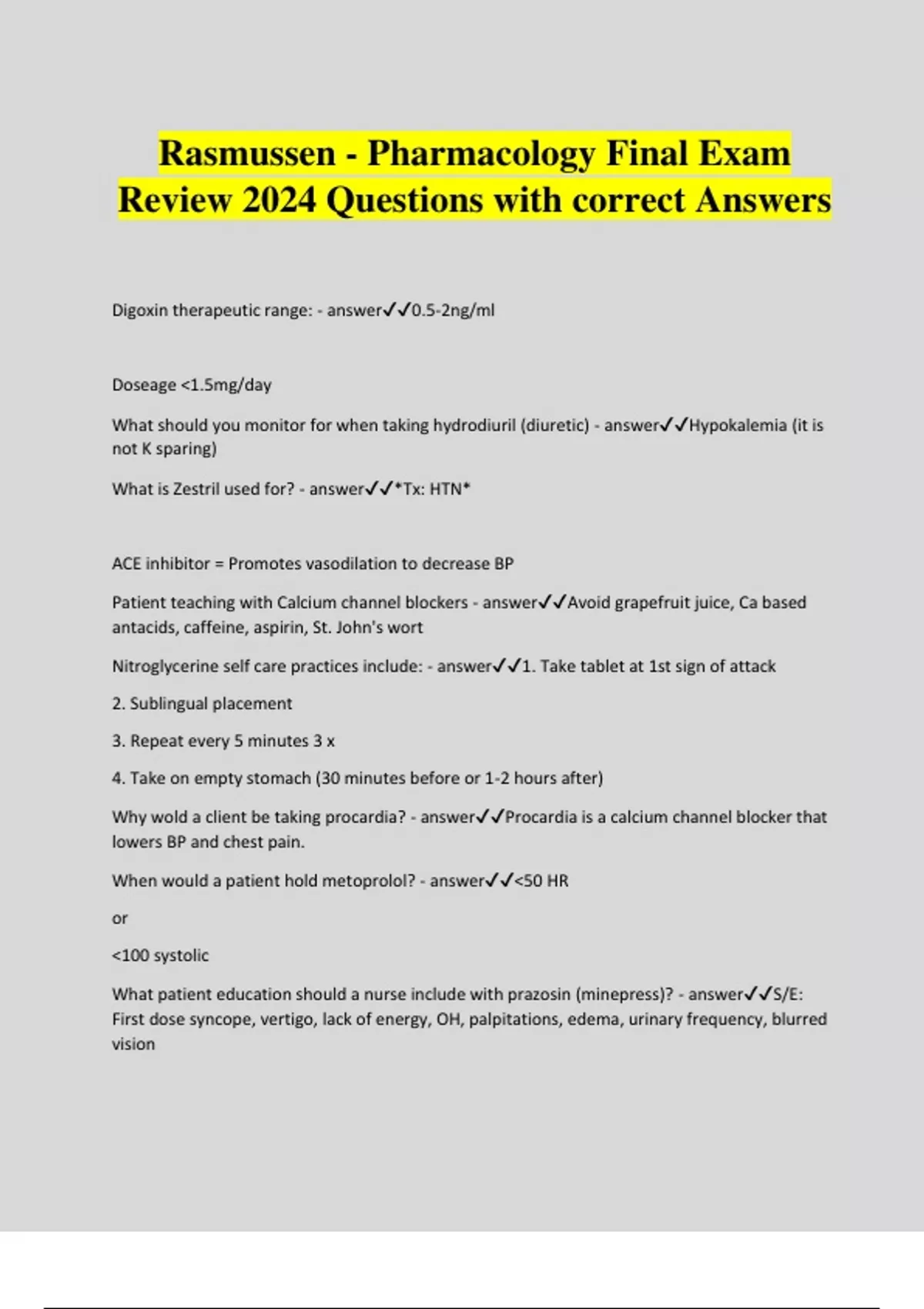 Rasmussen - Pharmacology Final Exam Review 2024 Questions with correct ...