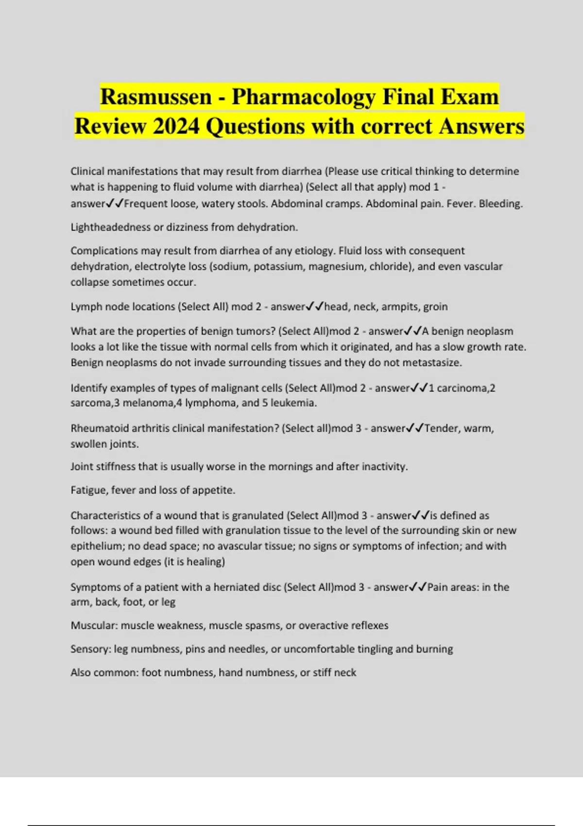 Rasmussen - Pharmacology Final Exam Review 2024 Questions with correct ...