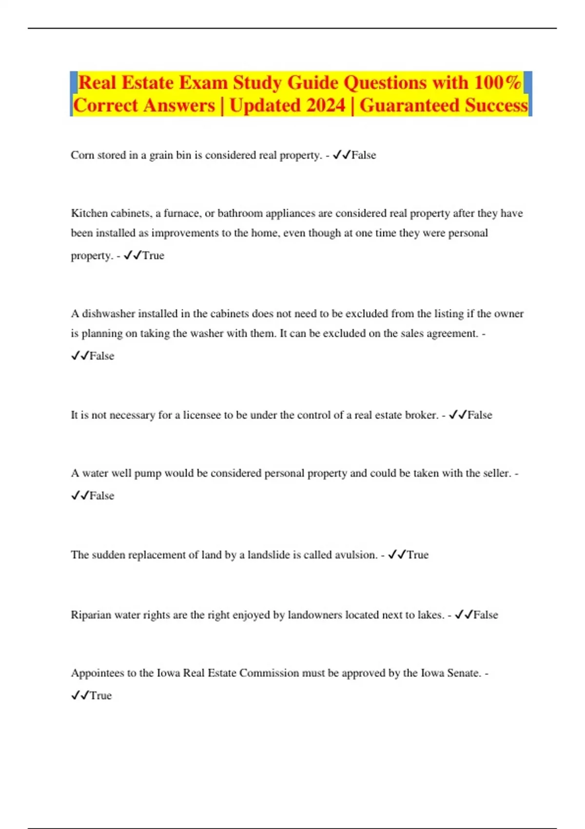 Real Estate Exam Study Guide Questions with 100 Correct Answers
