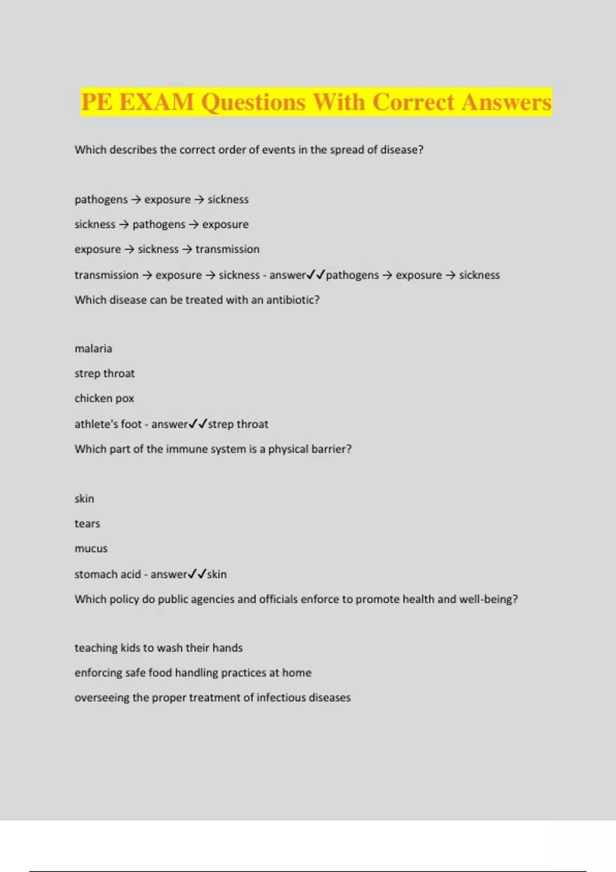 PE EXAM Questions With Correct Answers - Physical education - Stuvia US
