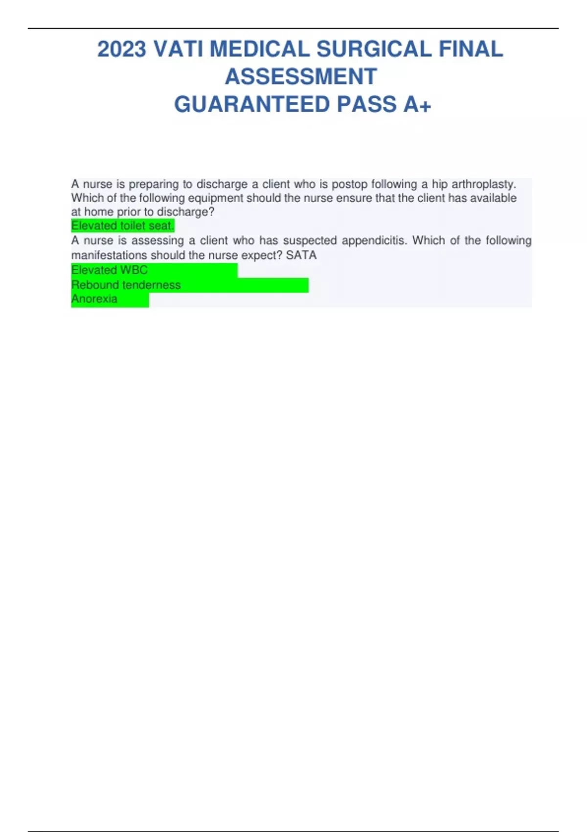 2023 VATI MEDICAL SURGICAL FINAL ASSESSMENT GUARANTEED PASS A+ - VATI ...