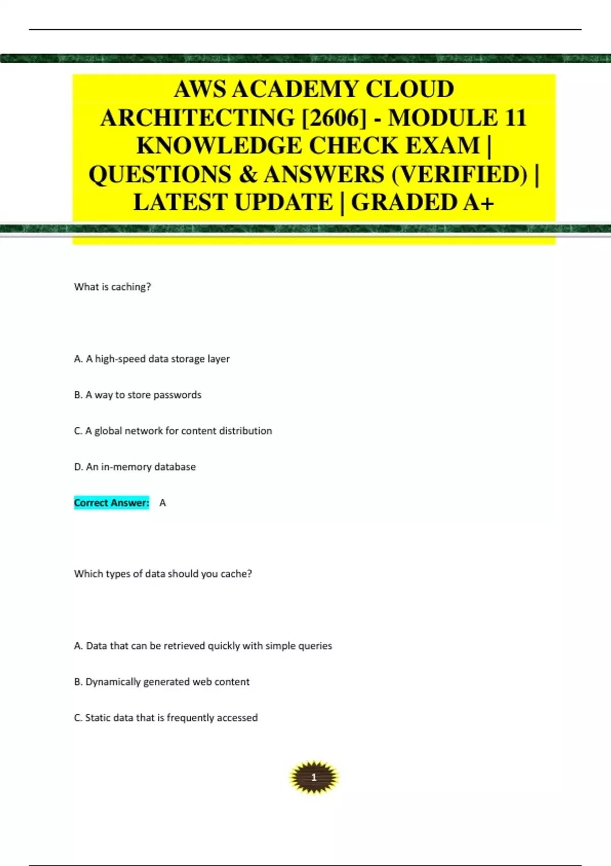 AWS ACADEMY CLOUD ARCHITECTING [2606] - MODULE 11 KNOWLEDGE CHECK EXAM ...