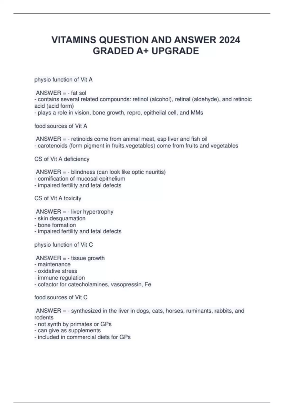 VITAMINS QUESTION AND ANSWER 2024 GRADED A+ UPGRADE VITAMINS Stuvia US