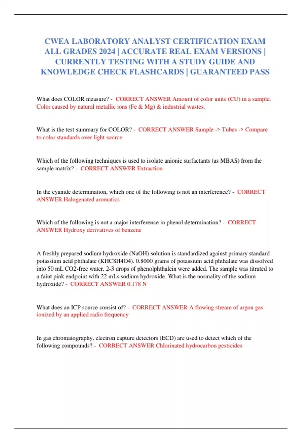 CWEA LABORATORY ANALYST CERTIFICATION EXAM ALL GRADES 2024 ACCURATE