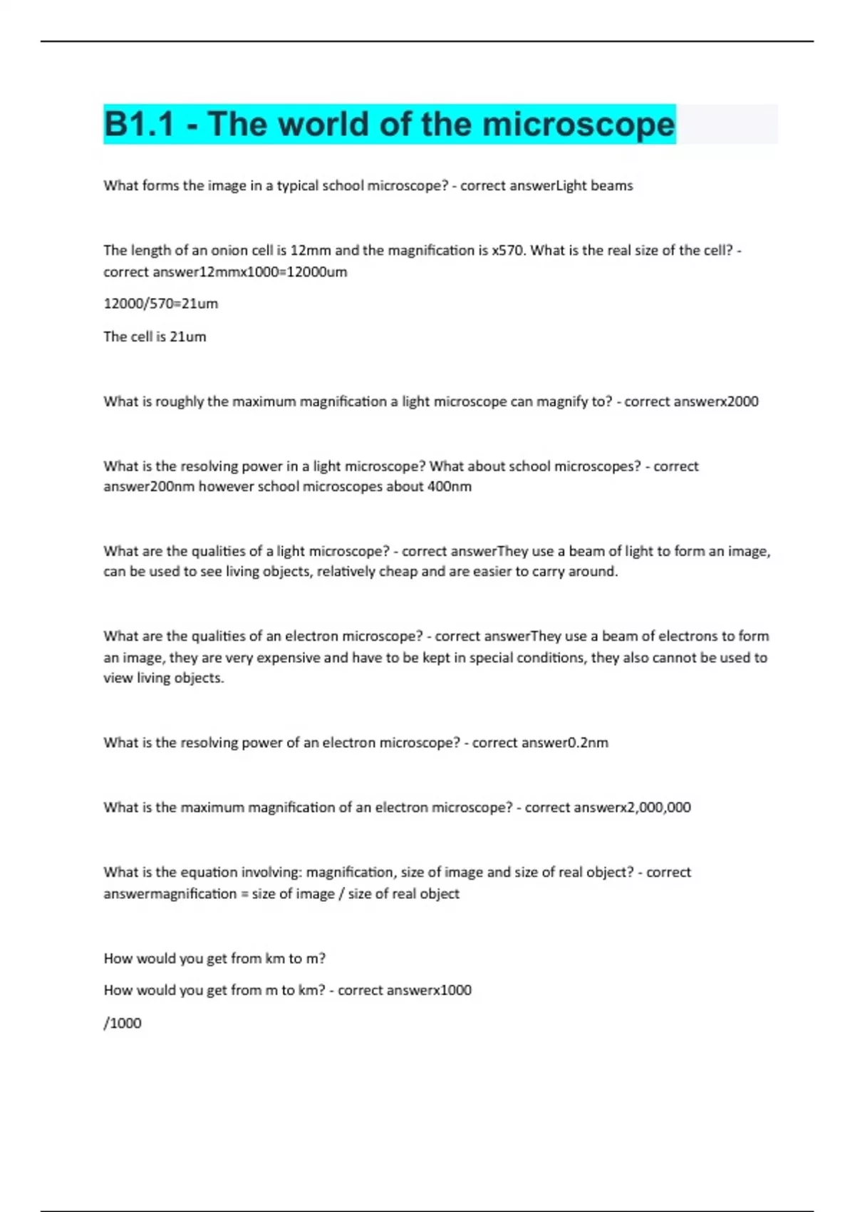 B1.1 The world of the microscope exam Questions and answers latest
