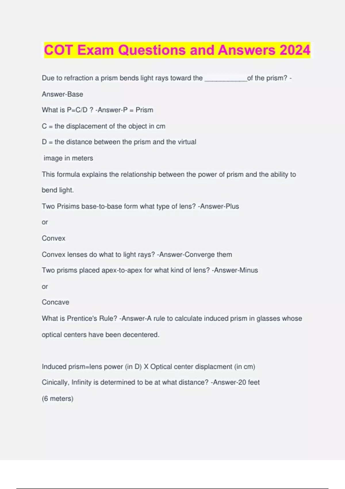 COT Exam Questions and Answers 2024 100 Pass COT Stuvia US