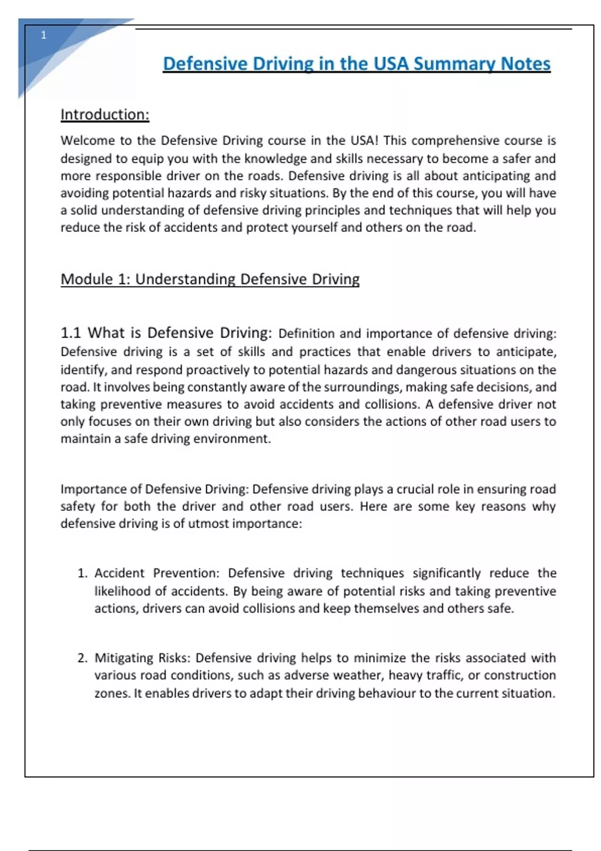 Defensive Driving in the USA Summary Notes. - Defensive Driving Course ...