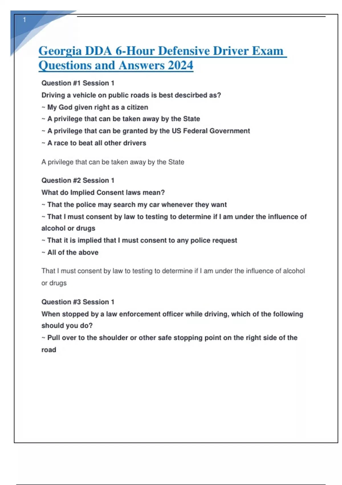 DDA 6Hour Defensive Driver Exam Questions and Answers 2024 DDA 6Hour