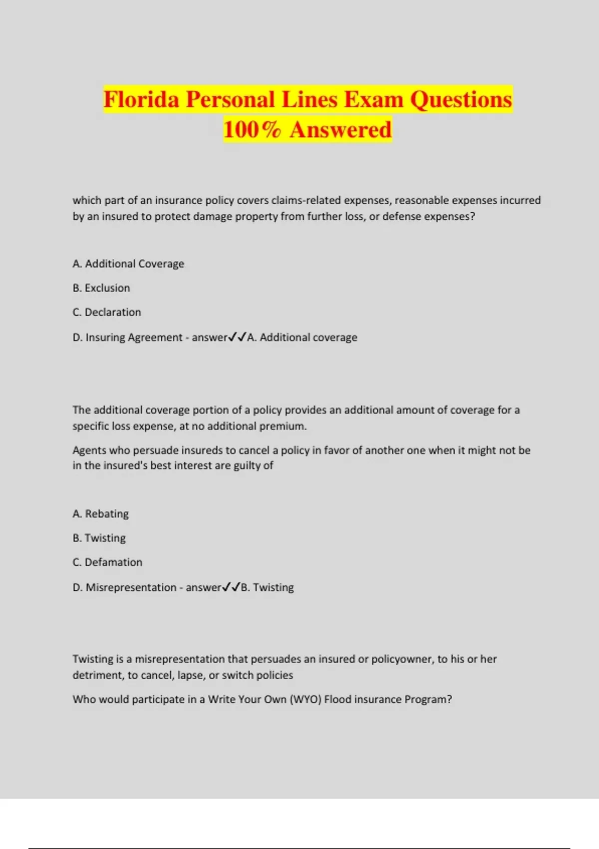 Florida Personal Lines Exam Questions 100 Answered Florida Personal