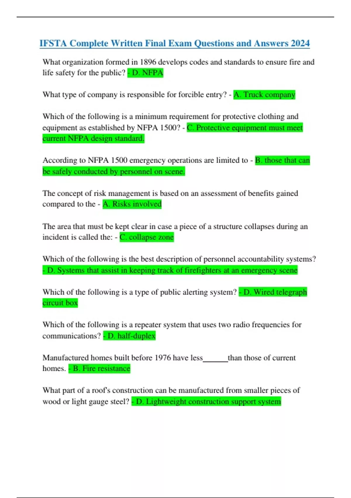 IFSTA Complete Written Final Exam Questions and Answers 2024 - IFSTA ...