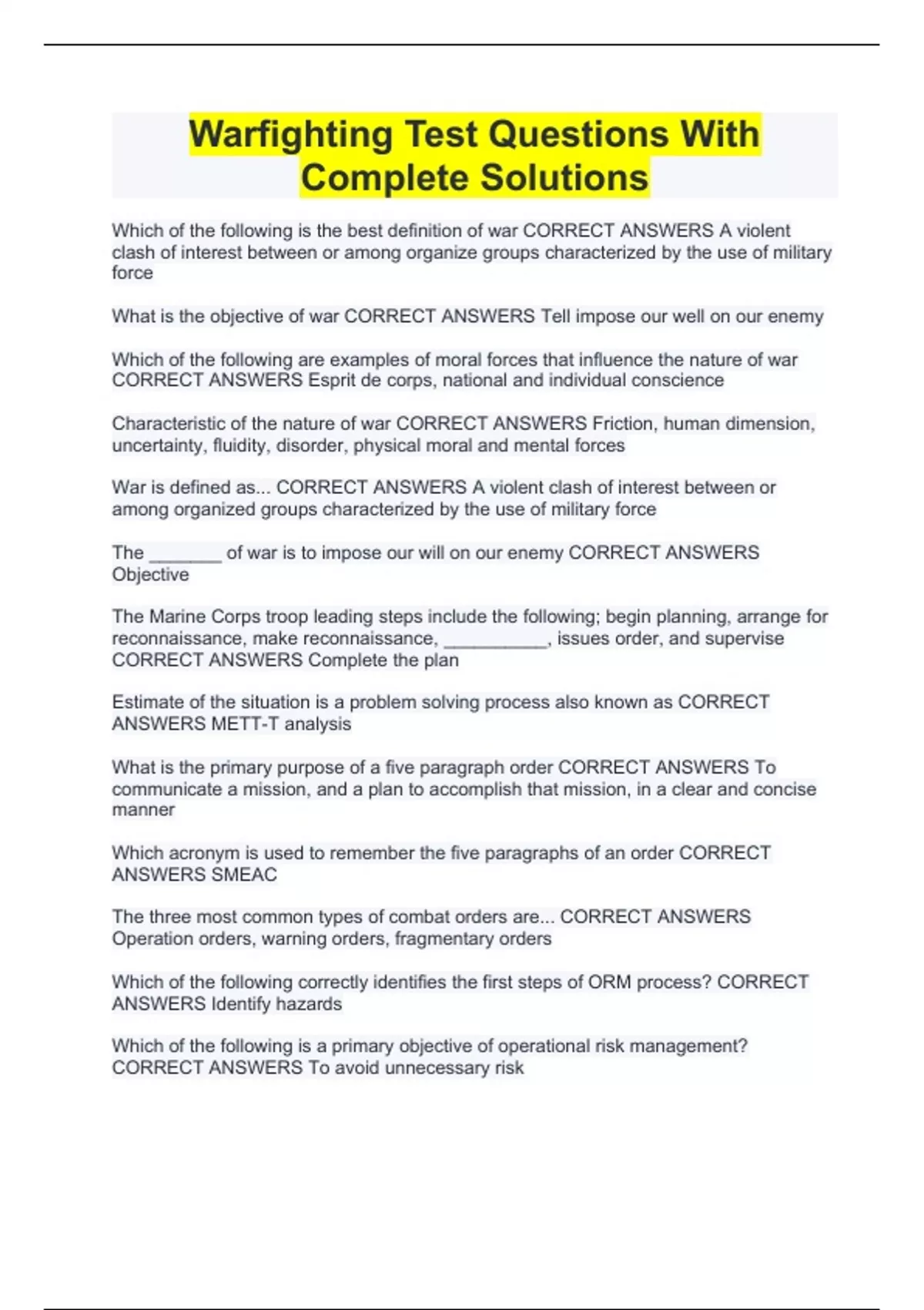 Warfighting Test Questions With Complete Solutions - Warfighting ...