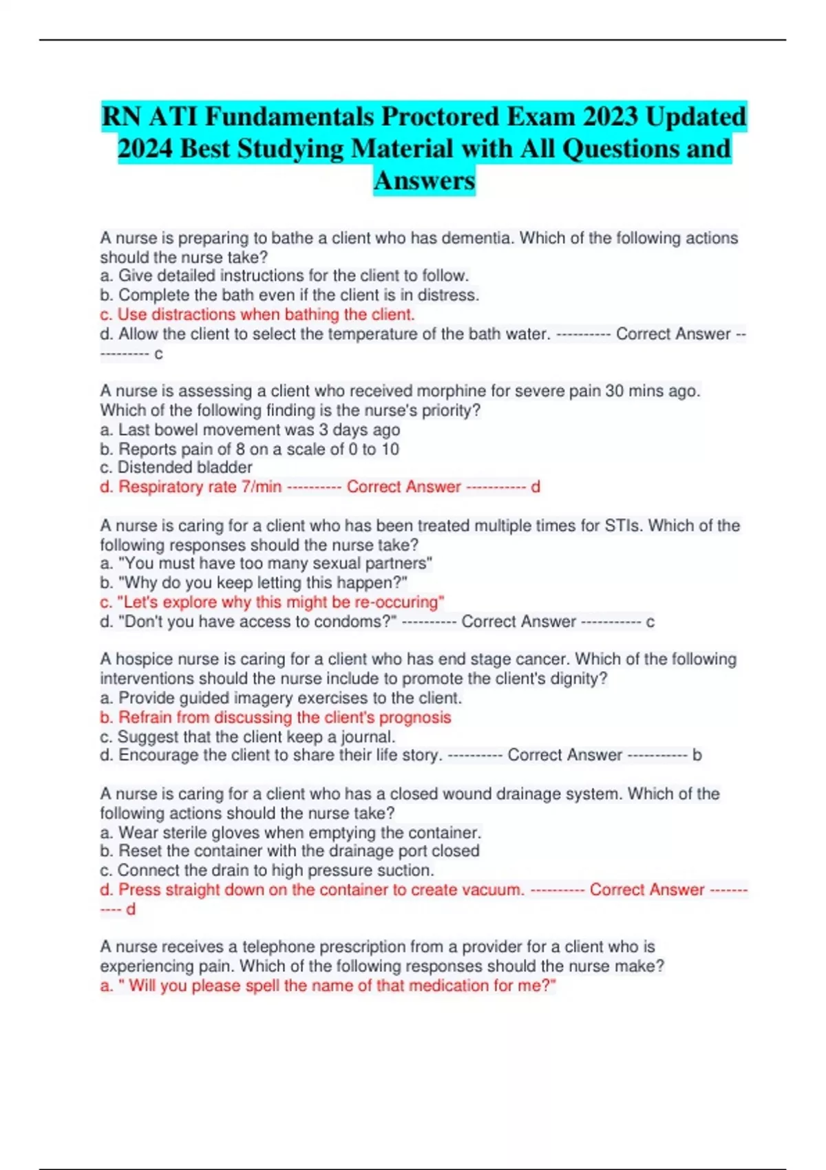 RN ATI Fundamentals Proctored Exam 2023 Updated 2024 Best Studying ...