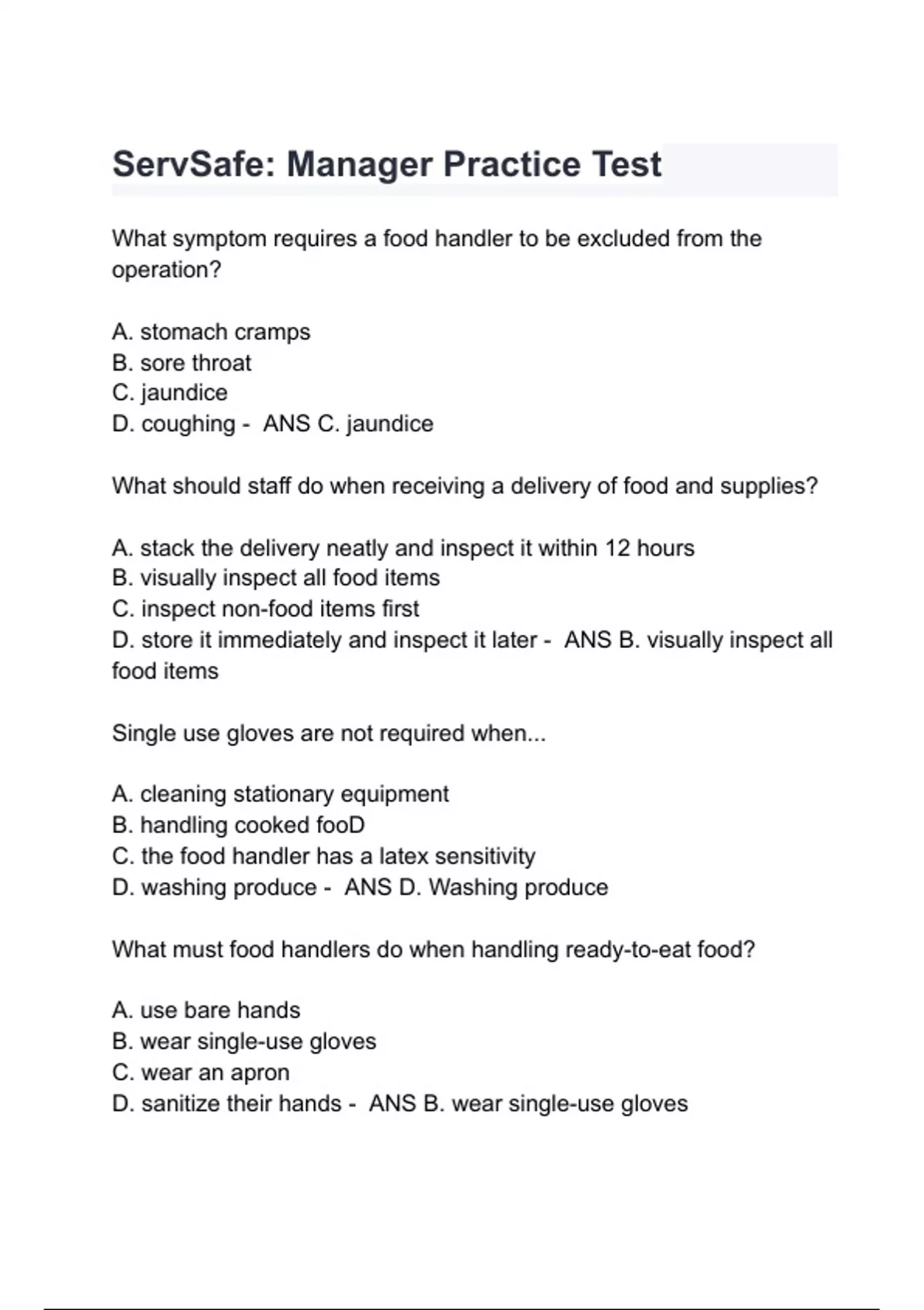 Sample Servsafe Manager Test ServSafe: Manager Practice Test Questions with correct Answers 2024/ ...