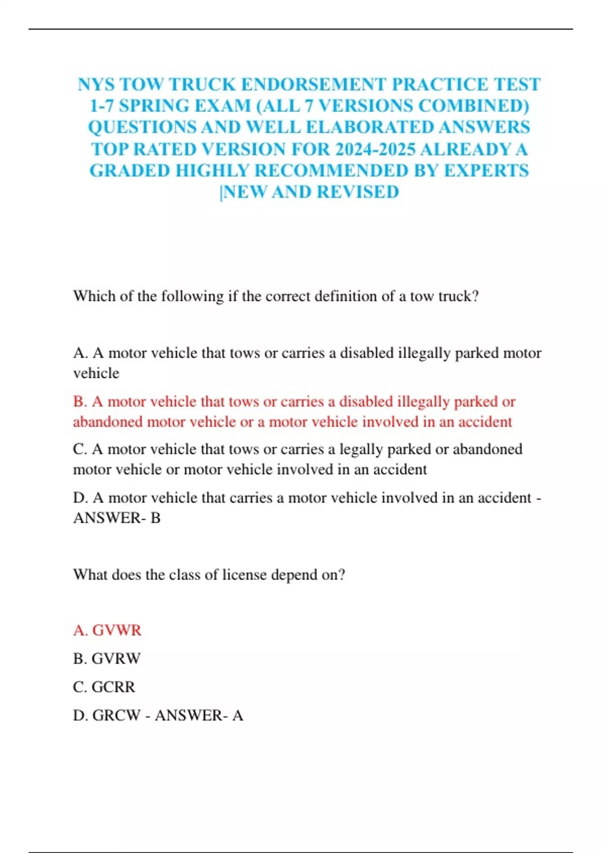NYS TOW TRUCK ENDORSEMENT PRACTICE TEST 17 SPRING EXAM (ALL 7 VERSIONS