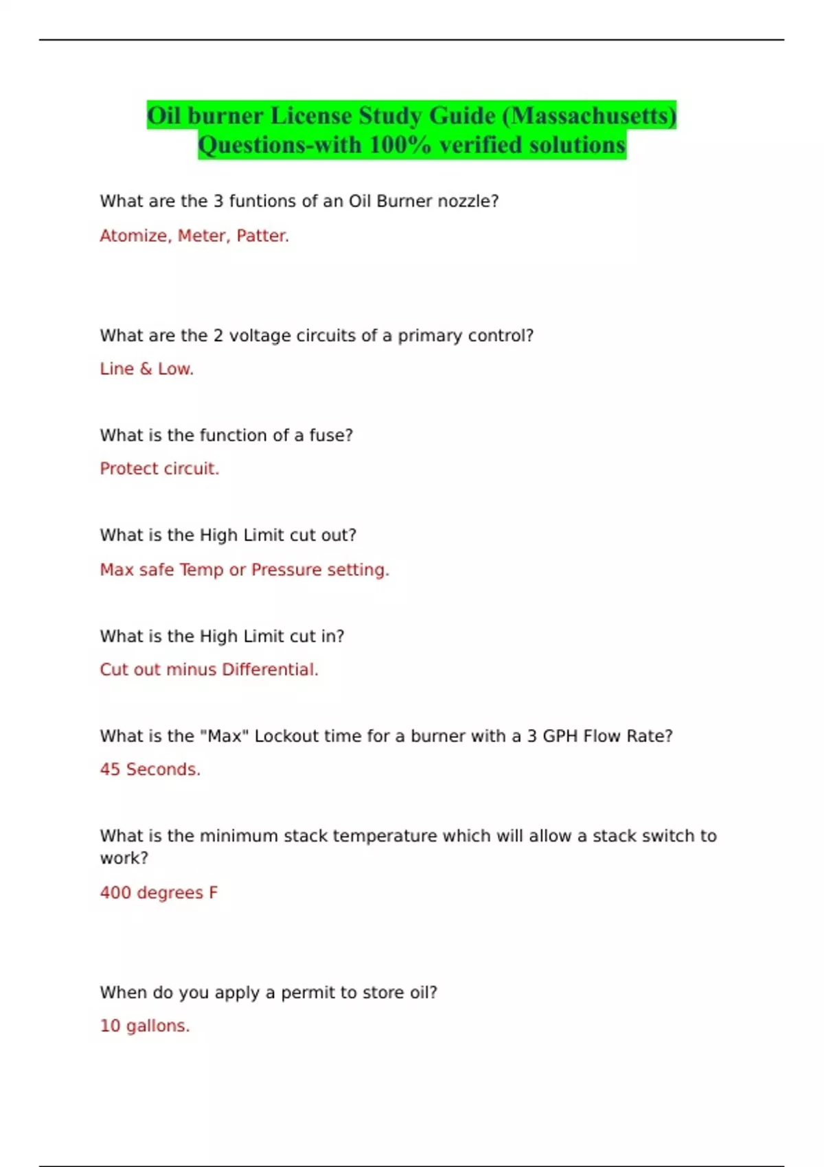 Oil burner License Study Guide (Massachusetts) Questionswith 100