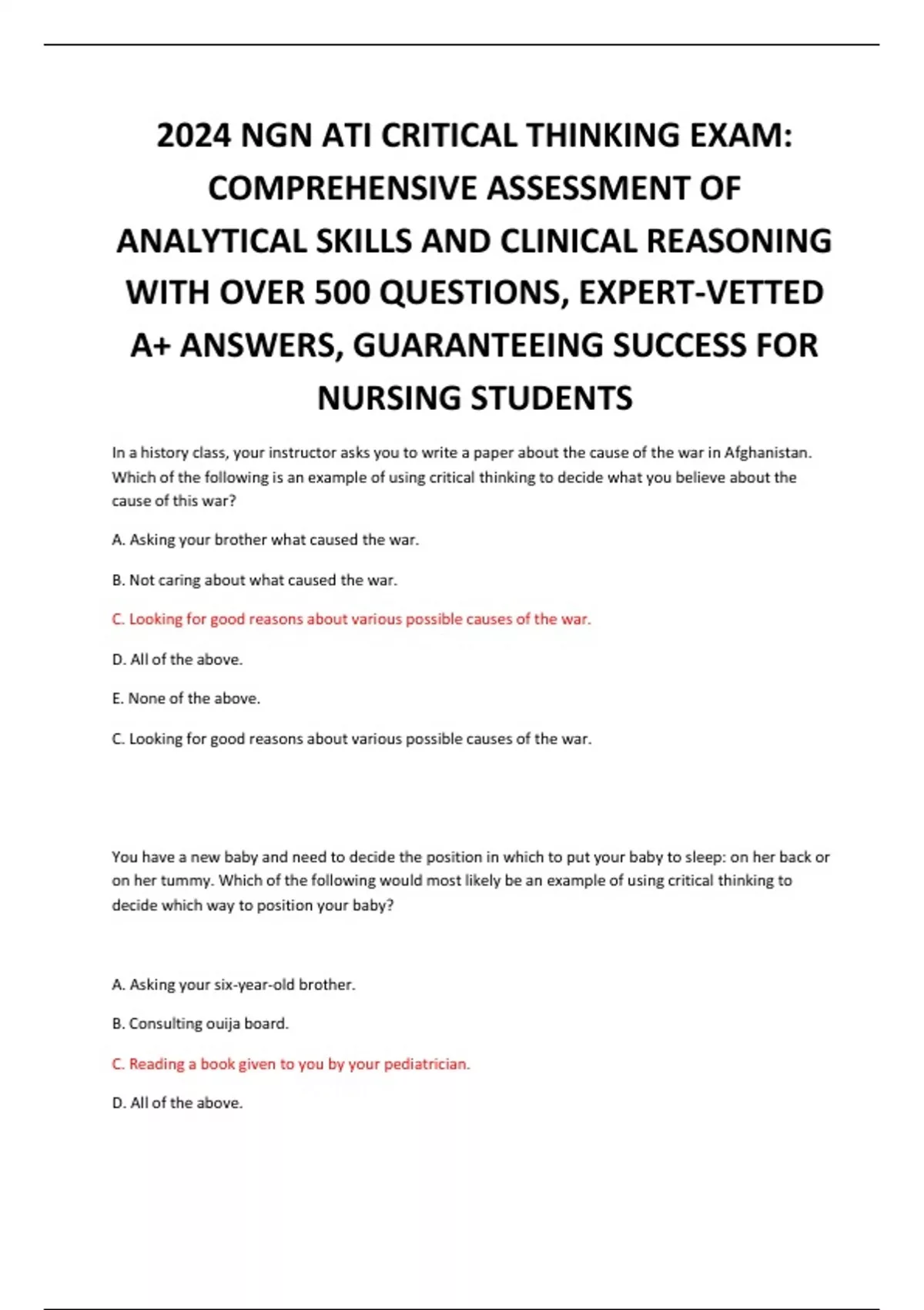 2024 NGN ATI CRITICAL THINKING EXAM: COMPREHENSIVE ASSESSMENT OF ANALYTICAL  SKILLS AND CLINICAL REASONING WITH OVER 500 QUESTIONS, EXPERT-VETTED A+  ANSWERS, GUARANTEEING SUCCESS FOR NURSING STUDENTS - 2024 NGN ATI CRITICAL  THINKING - Stuvia US