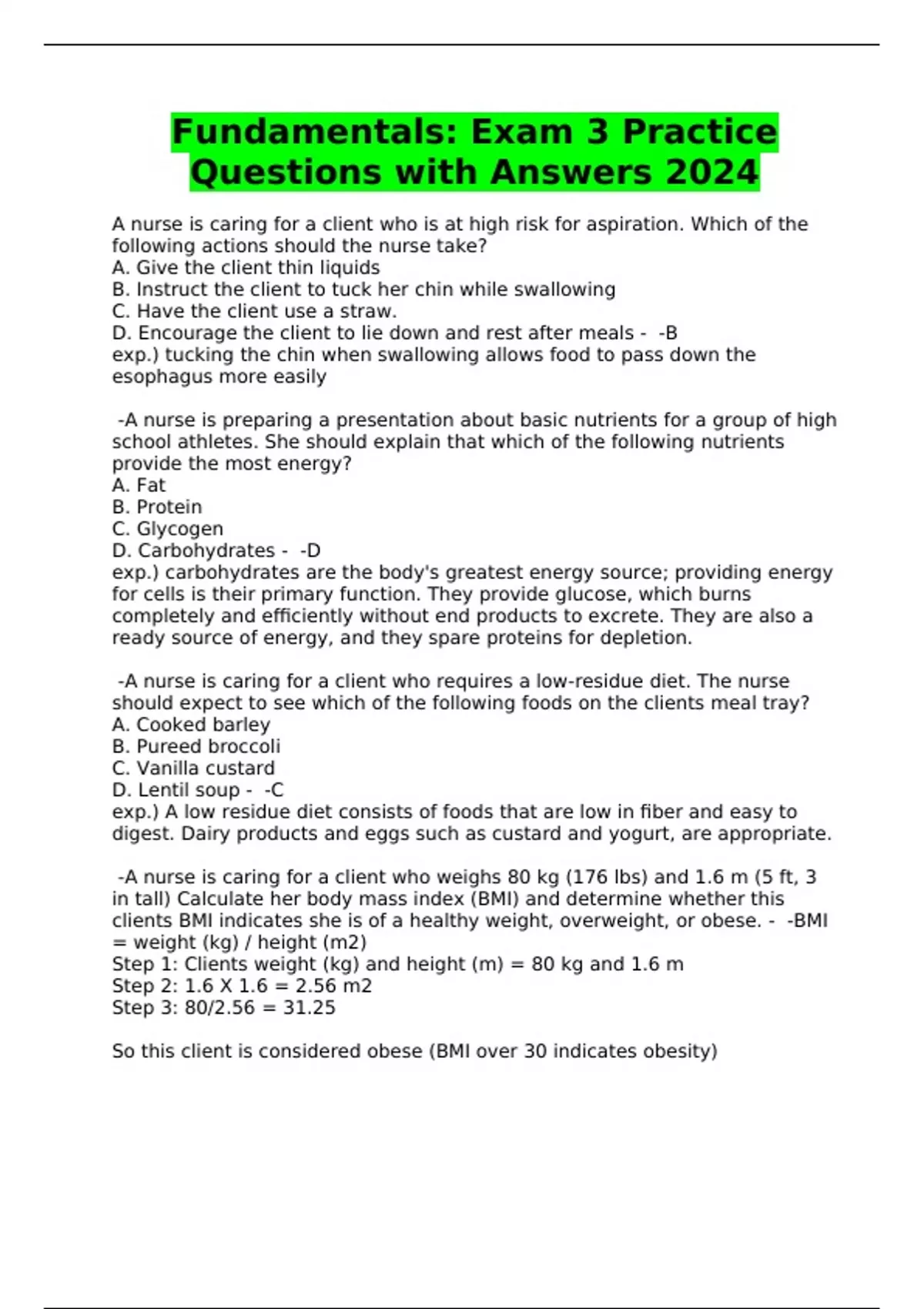 Fundamentals: Exam 3 Practice Questions with Answers 2024 ...