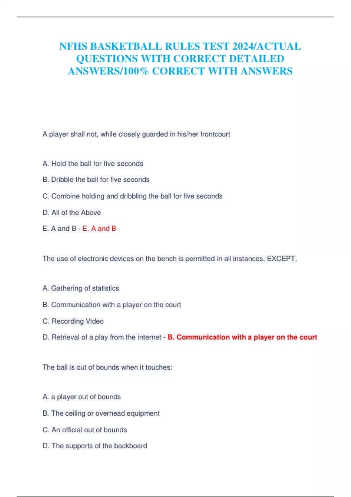 NFHS BASKETBALL RULES TEST 2024/ACTUAL QUESTIONS WITH CORRECT DETAILED