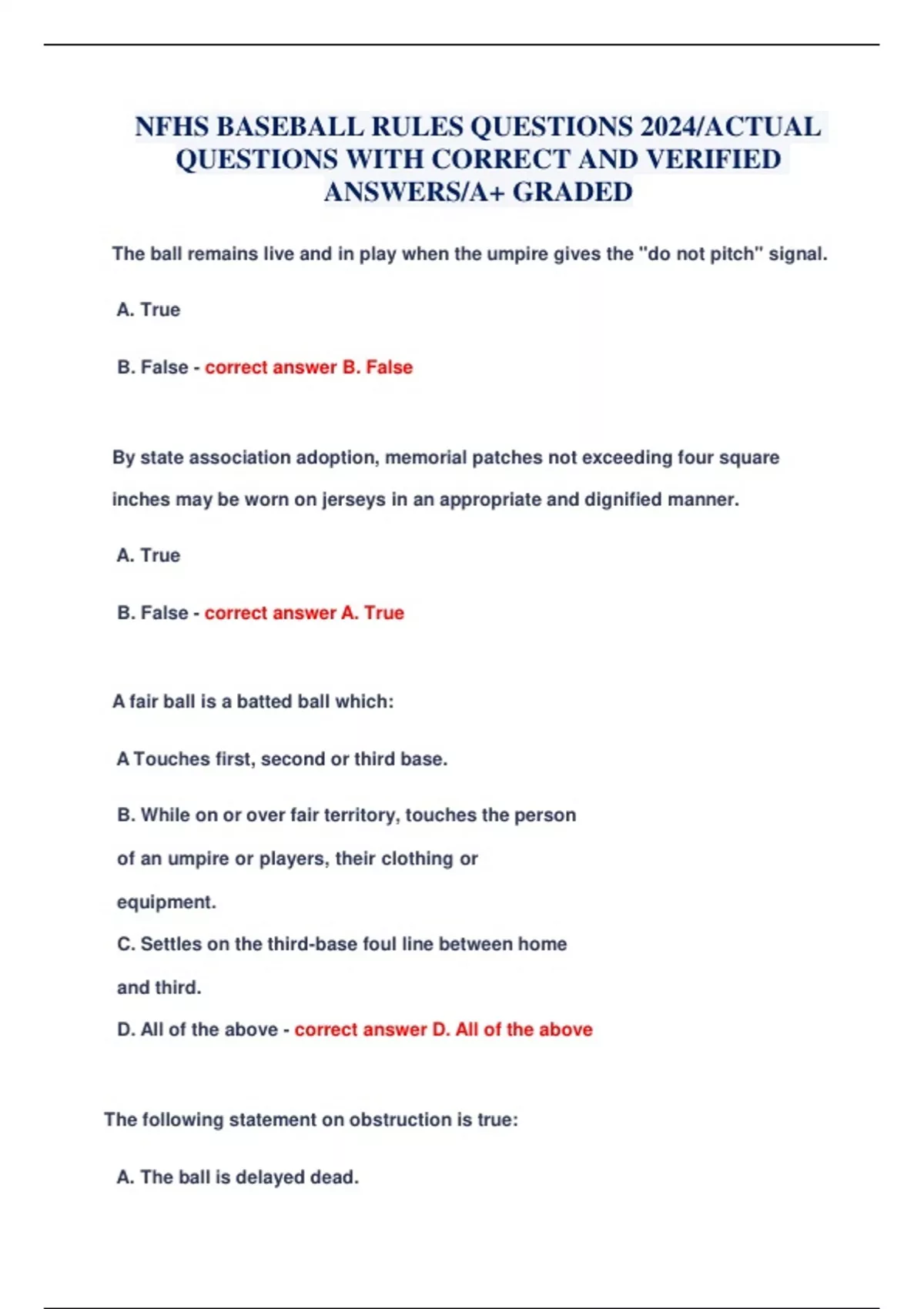 NFHS BASEBALL RULES QUESTIONS 2024/ACTUAL QUESTIONS WITH CORRECT AND VERIFIED ANSWERS/A+ GRADED
