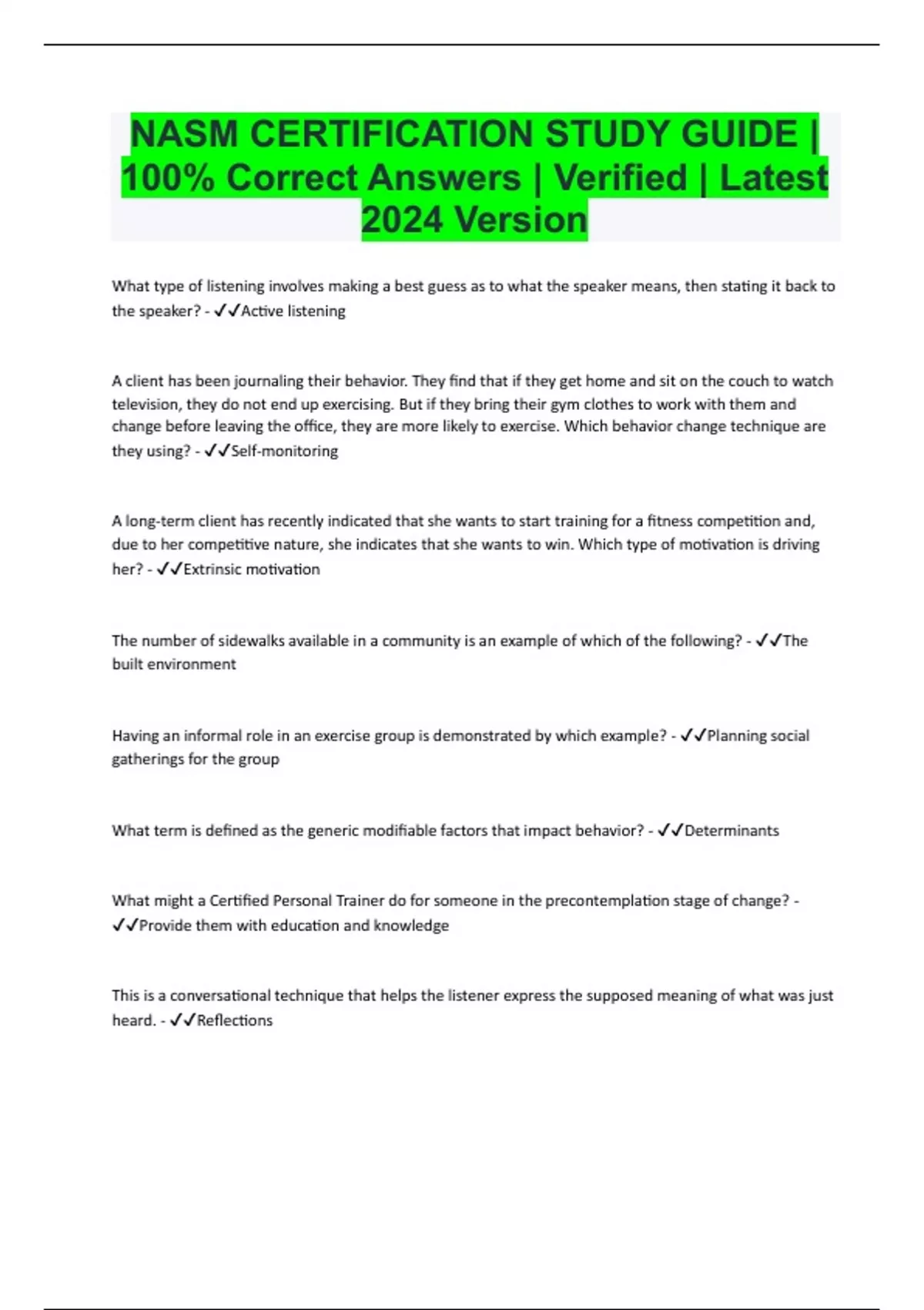 NASM CERTIFICATION STUDY GUIDE | 100% Correct Answers | Verified ...