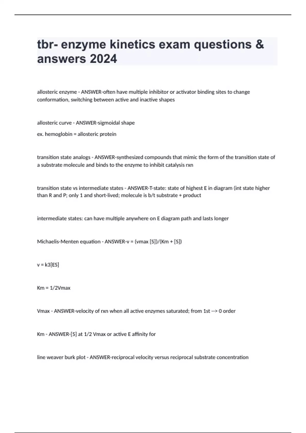 tbr enzyme exam questions & answers 2024 Tbr enzyme