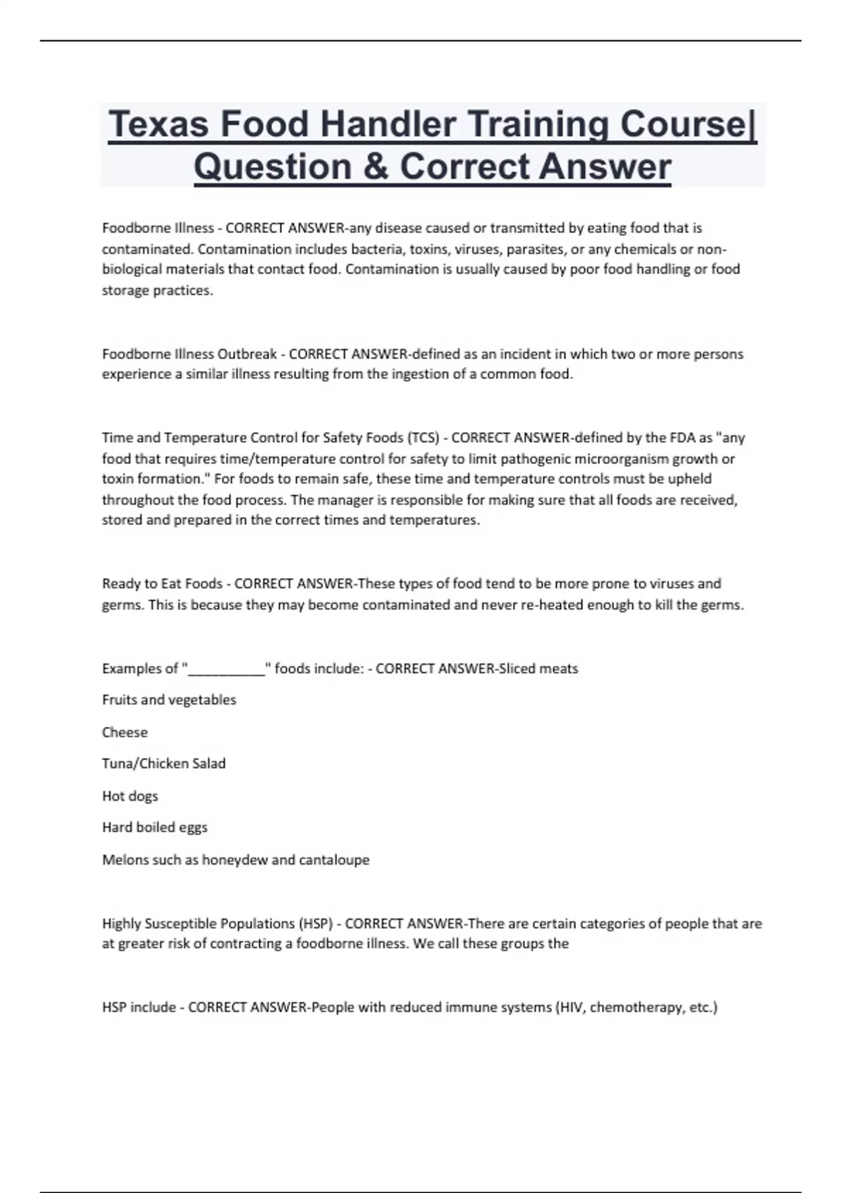 Texas Food Handler Training Course Question & Correct Answer Texas