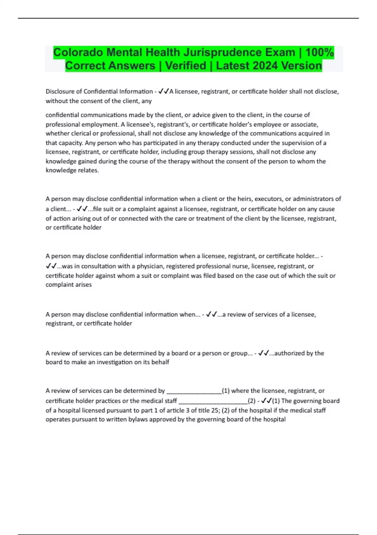 Colorado Mental Health Jurisprudence Exam 100 Correct Answers