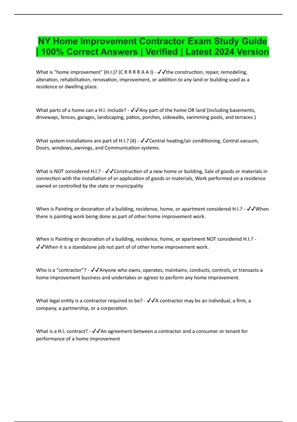 NY Home Improvement Contractor Exam Study Guide | 100% Correct Answers ...