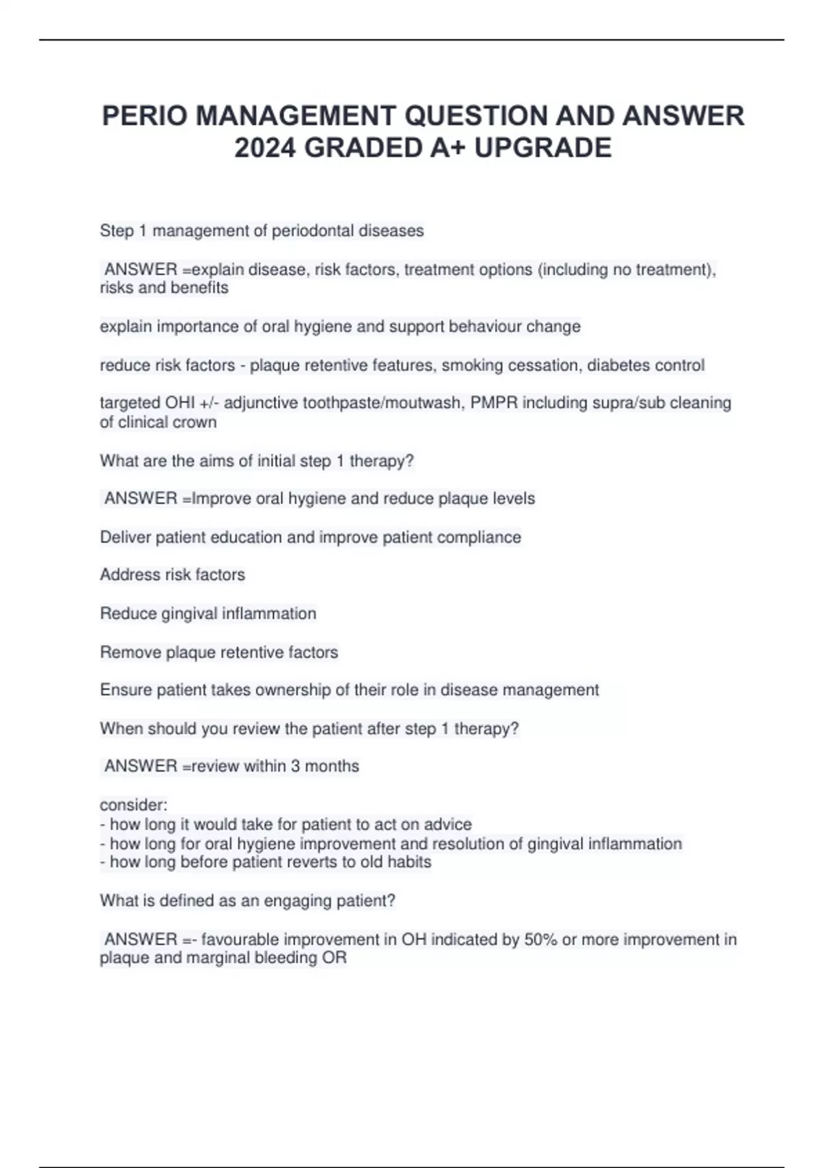 PERIO MANAGEMENT QUESTION AND ANSWER 2024 GRADED A+ UPGRADE - PERIO ...