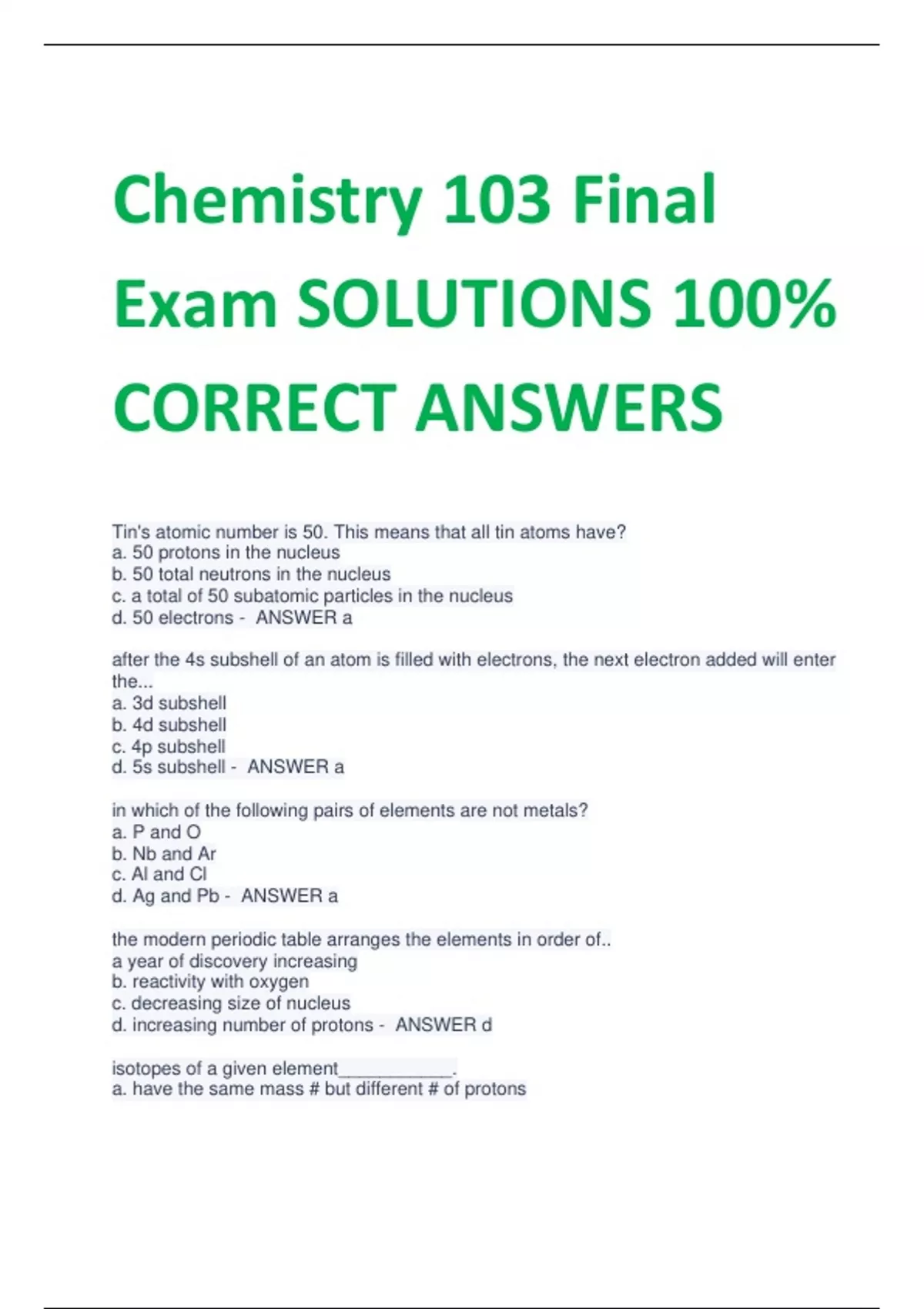 Chemistry 103 Final Exam SOLUTIONS 100% CORRECT ANSWERS - Chem 103 ...
