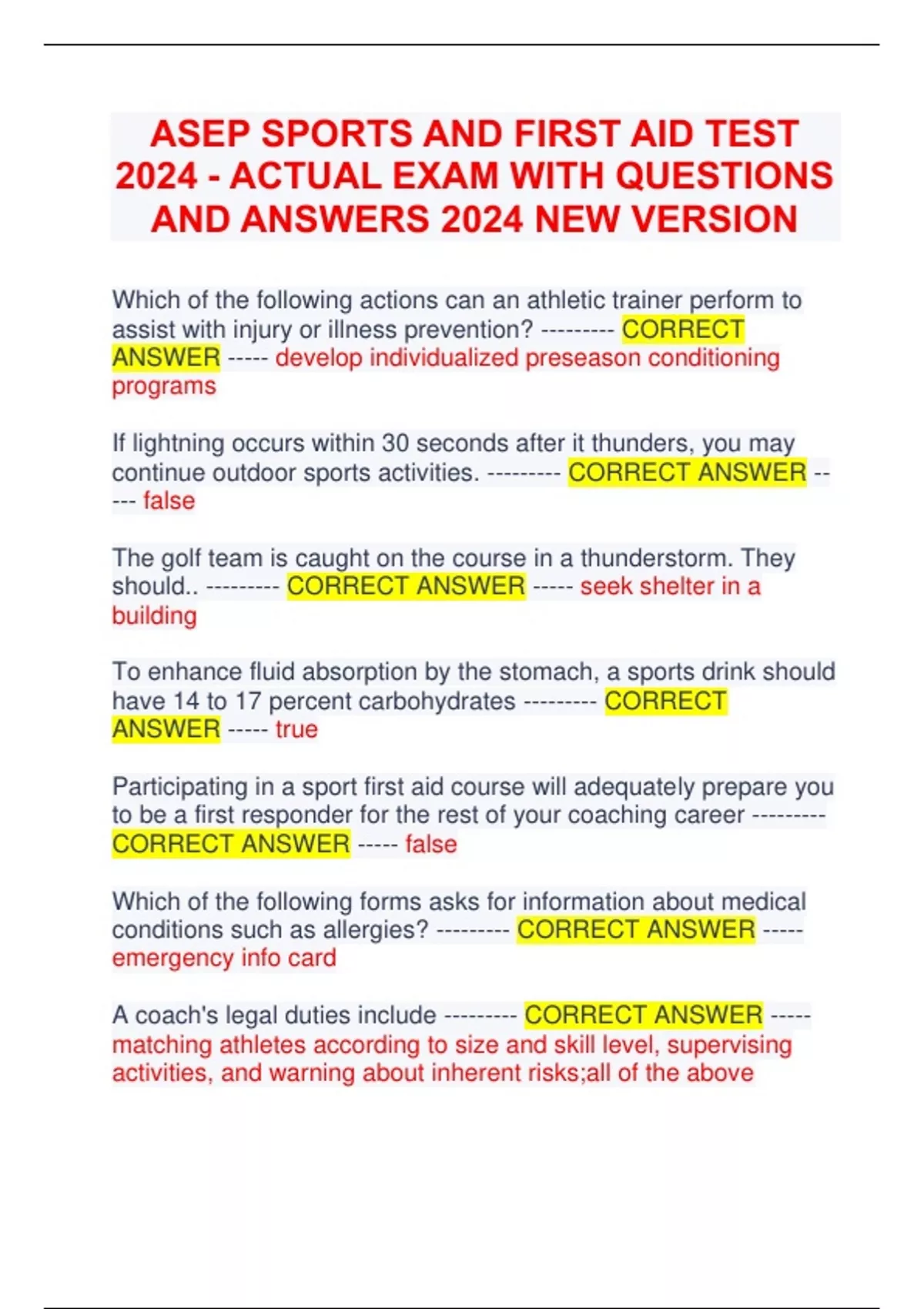 ASEP SPORTS AND FIRST AID TEST 2024 ACTUAL EXAM WITH QUESTIONS AND