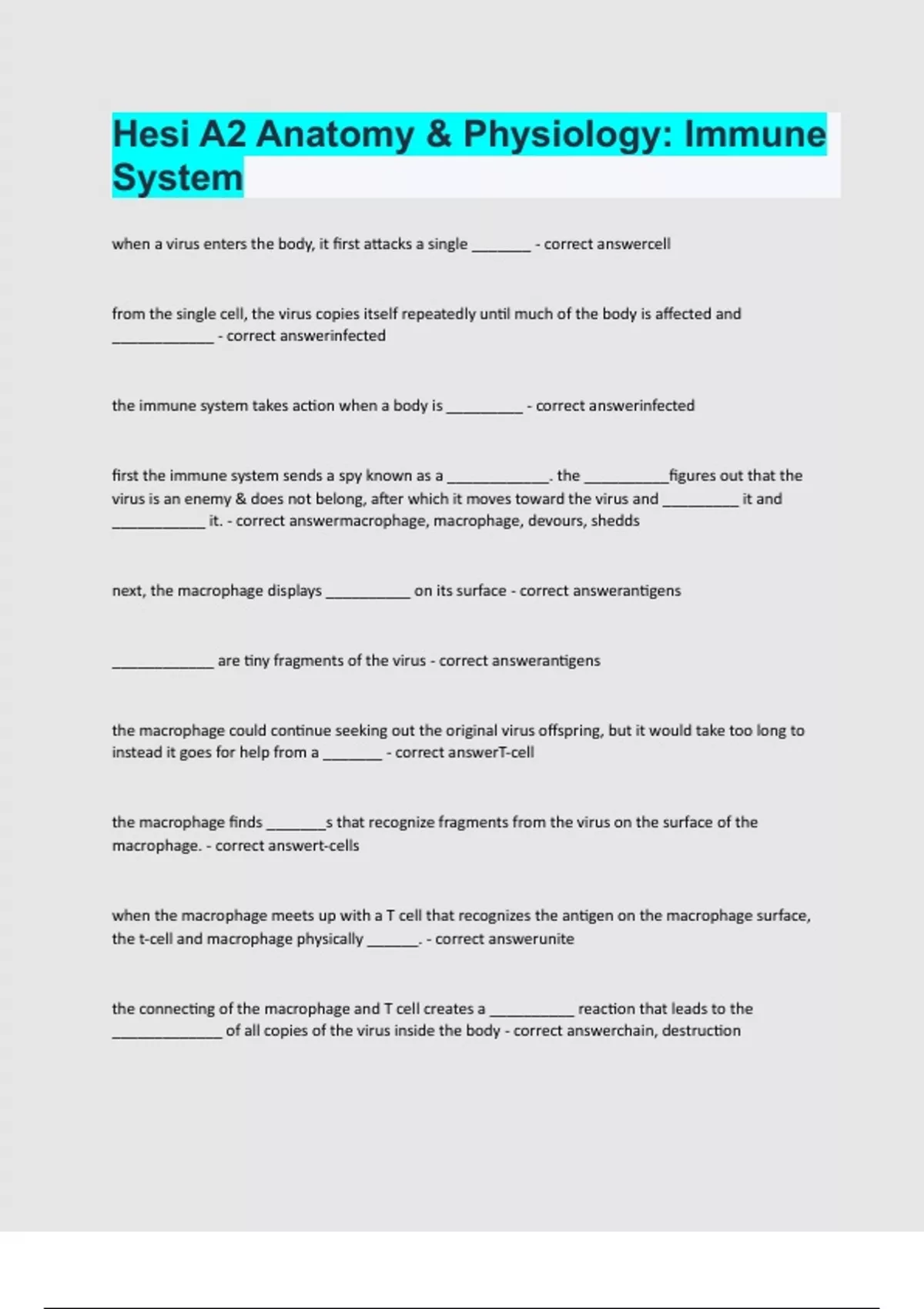 Hesi a2 anatomy physiology immune system questions and answers latest