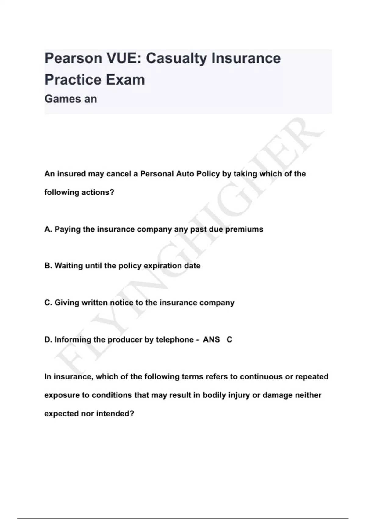 Pearson VUE Casualty Insurance Practice Exam QUESTIONS & ANSWERS 2024